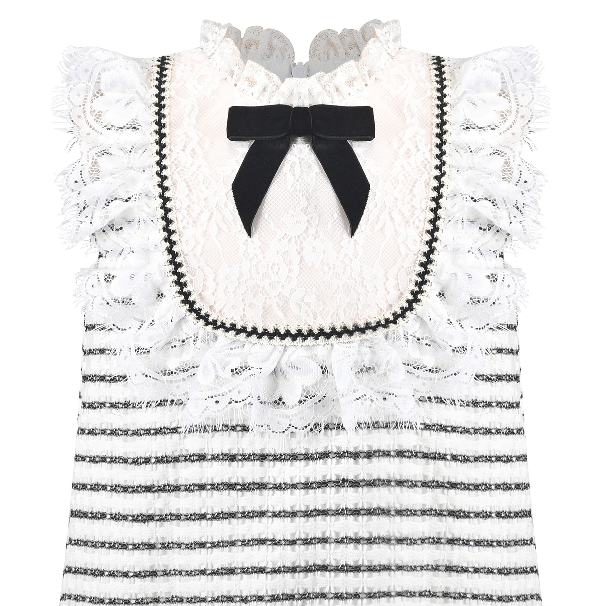 Girls Dress Striped Crochet Tweed Lace Trim Bow Sleeveless Summer Holiday Casual White