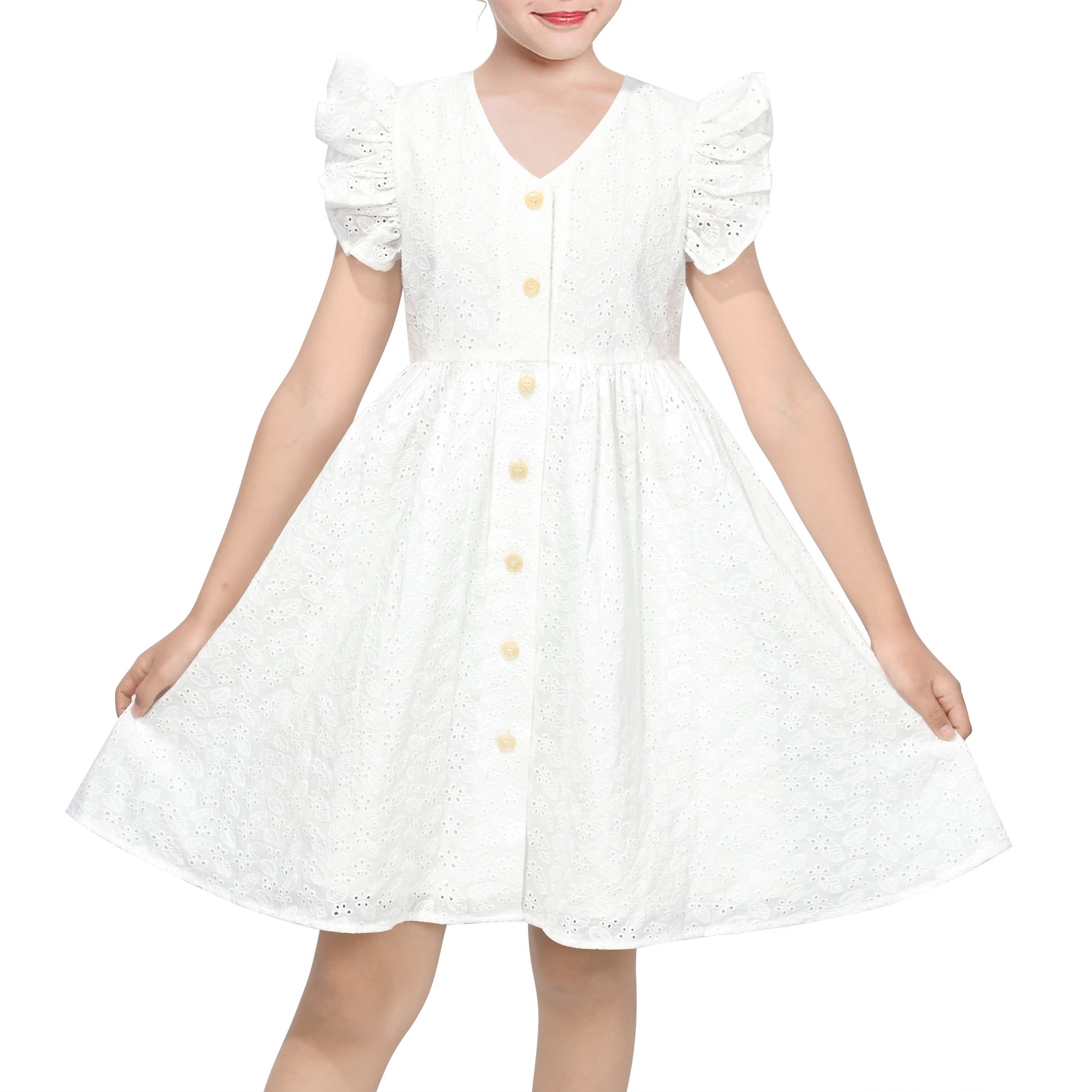 Girls Dress Lemon Button Front Swiss Dot Ruffle Cap Sleeve V Neck Party Classic Casual White