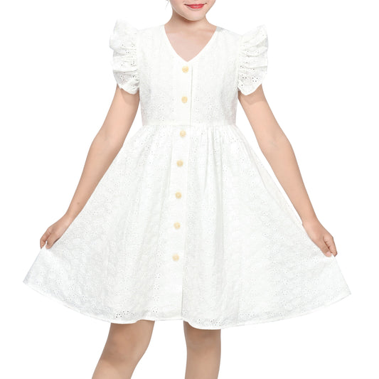 Girls Dress Lemon Button Front Swiss Dot Ruffle Cap Sleeve V Neck Party Classic Casual White