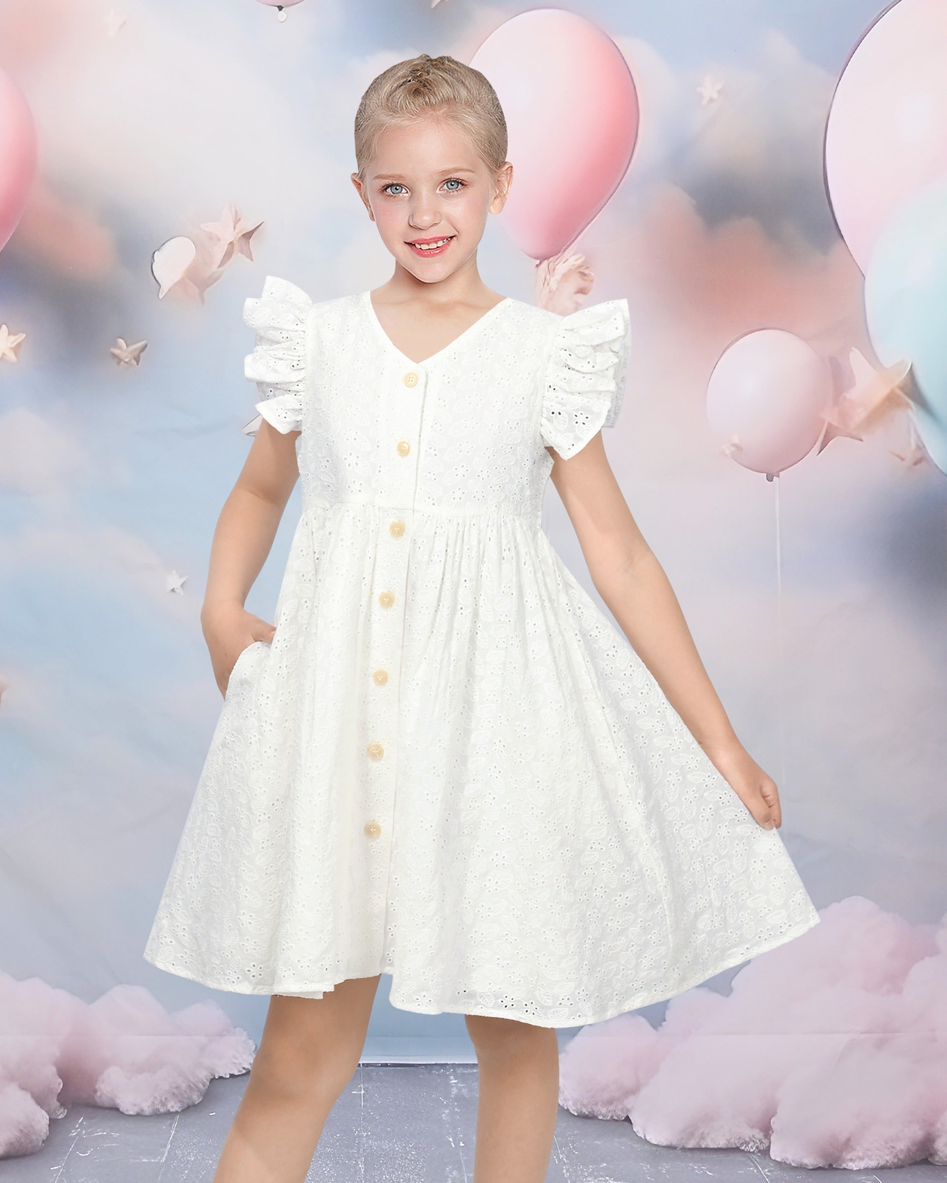 Girls Dress Lemon Button Front Swiss Dot Ruffle Cap Sleeve V Neck Party Classic Casual White