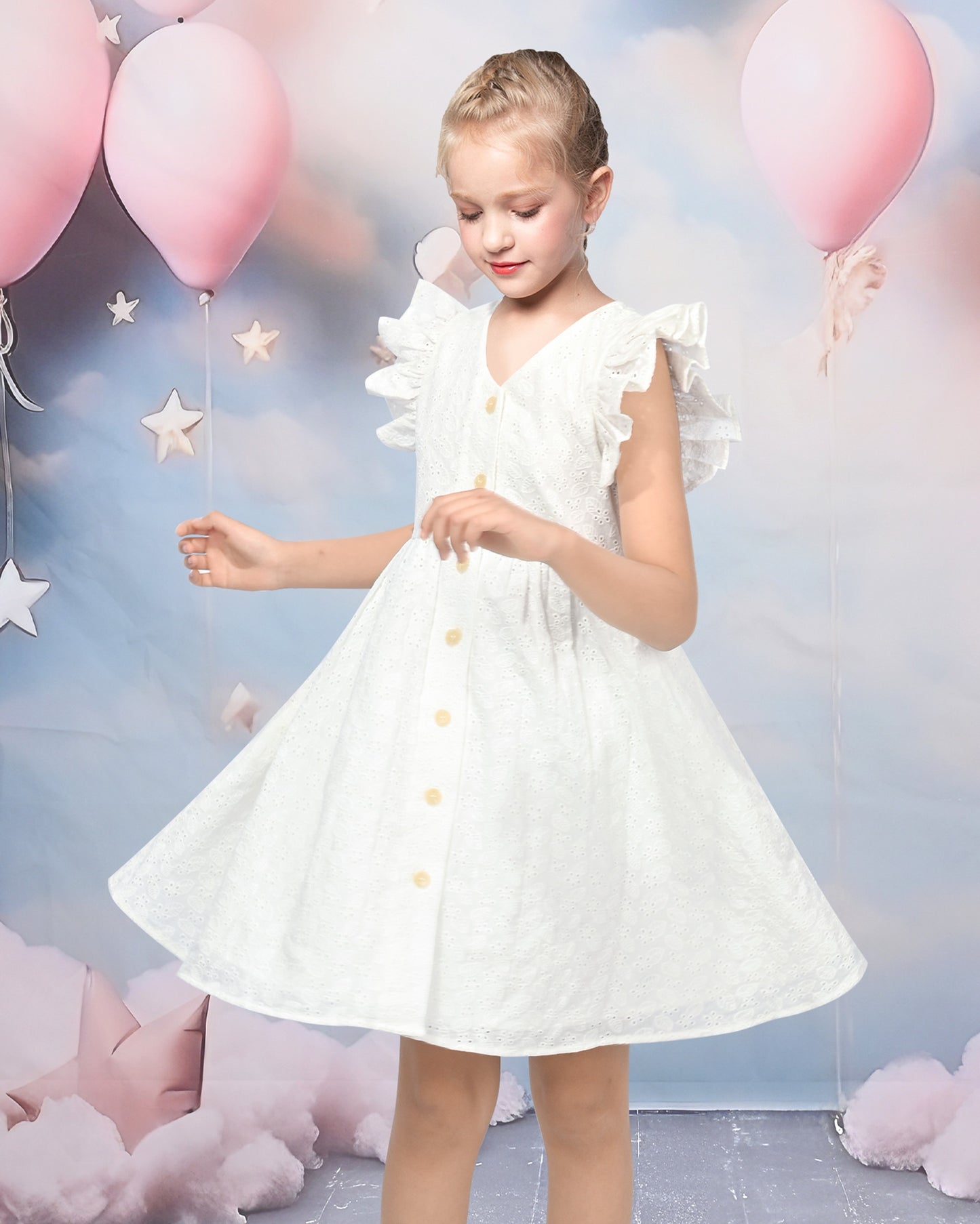 Girls Dress Lemon Button Front Swiss Dot Ruffle Cap Sleeve V Neck Party Classic Casual White