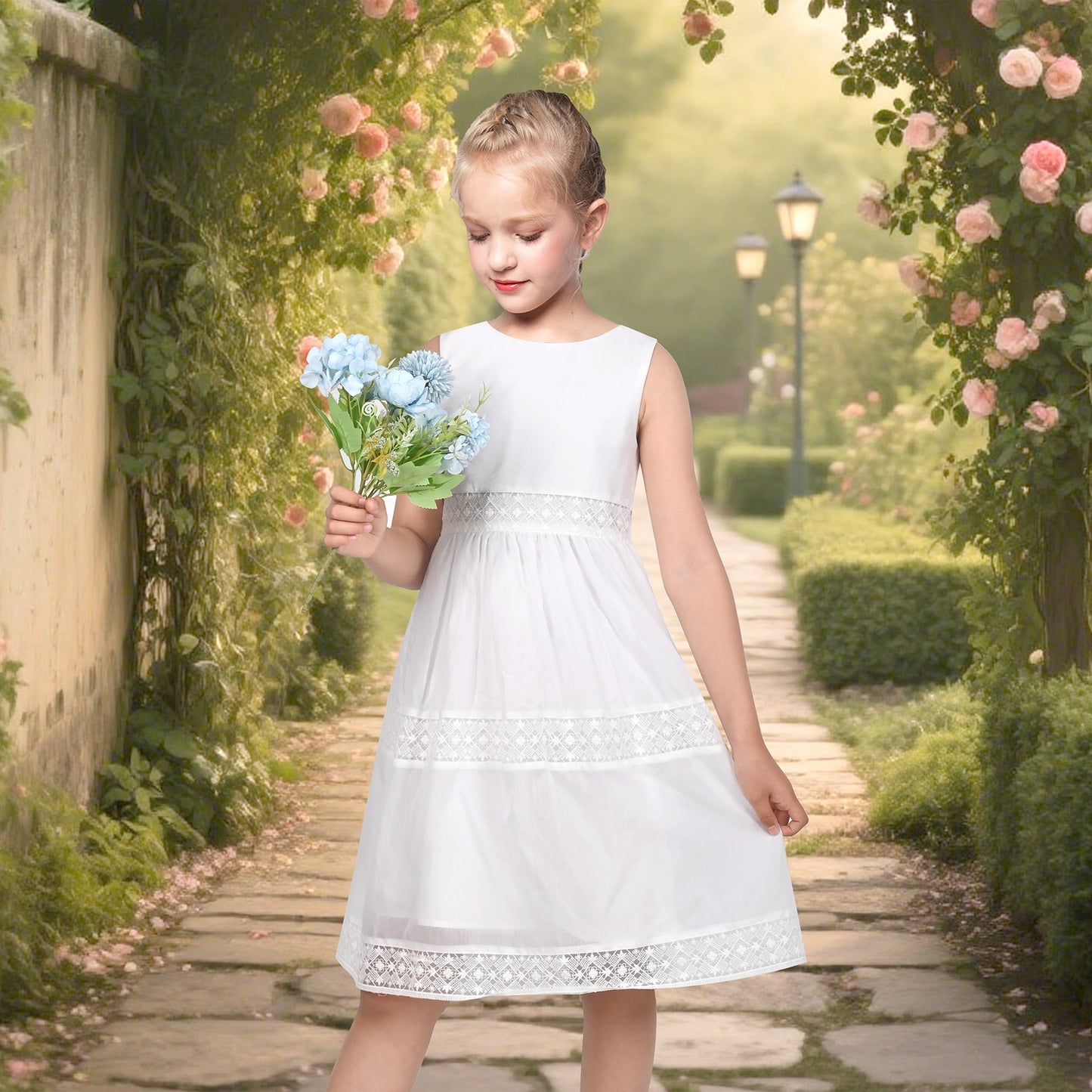 Flower Girls Dress Lace Trim Bow Communion Wedding Baptism Ceremony Birthday Formal White