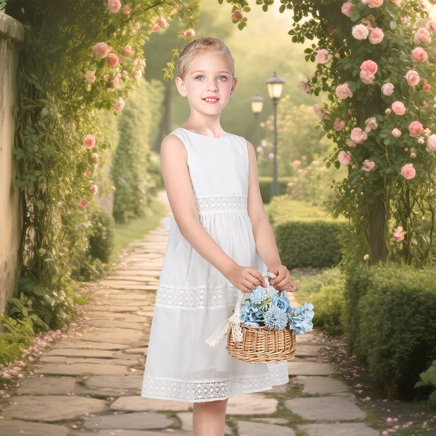 Flower Girls Dress Lace Trim Bow Communion Wedding Baptism Ceremony Birthday Formal White