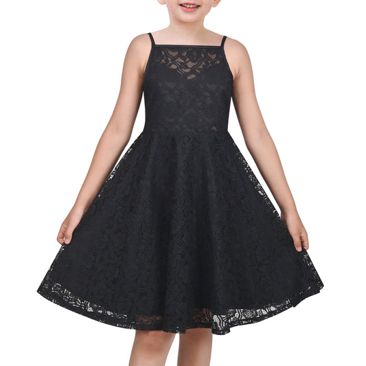 Girls Dress Lace Overlay Spaghetti Strap Flared Back Bow Party Recital Black