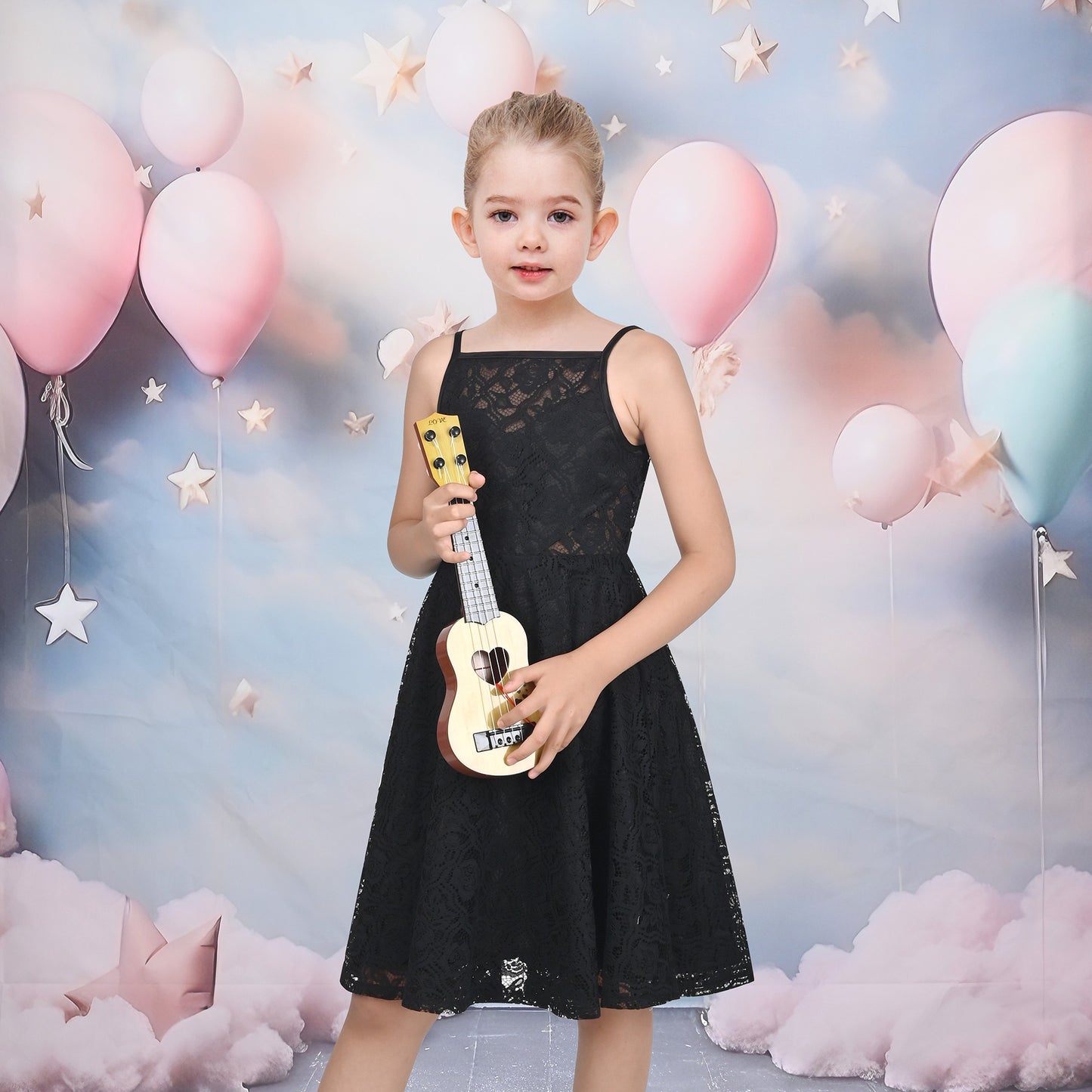 Girls Dress Lace Overlay Spaghetti Strap Flared Back Bow Party Recital Black