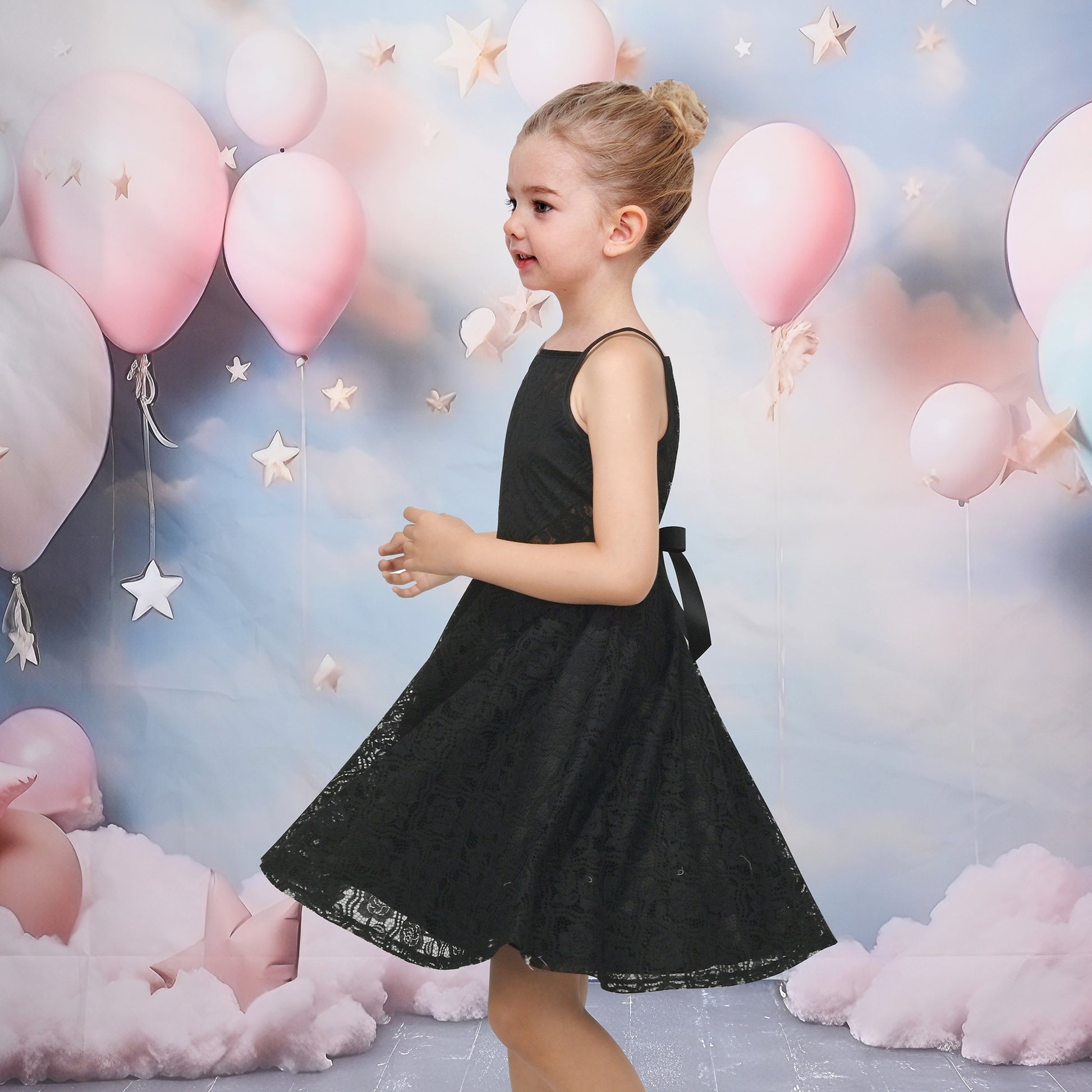 Girls Dress Lace Overlay Spaghetti Strap Flared Back Bow Party Recital Black