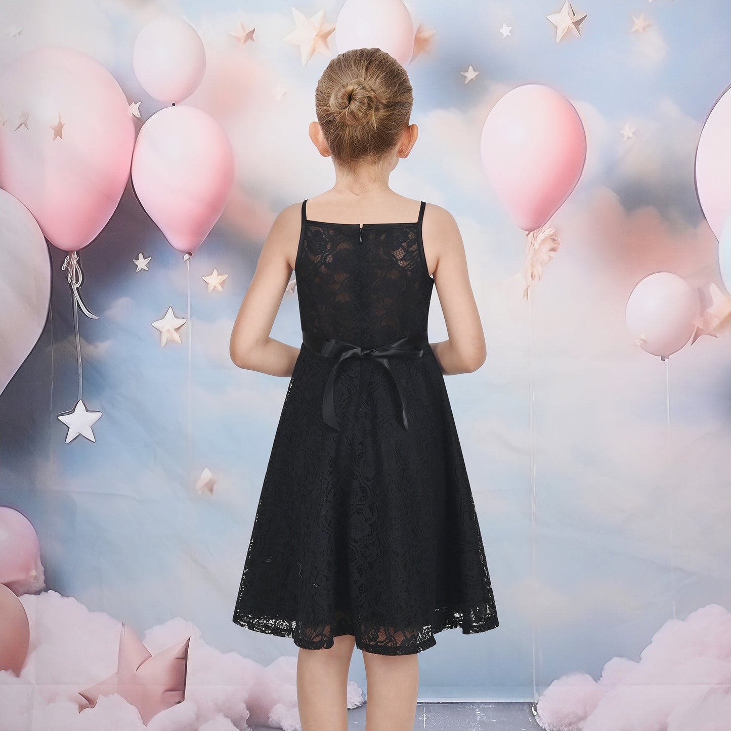 Girls Dress Lace Overlay Spaghetti Strap Flared Back Bow Party Recital Black