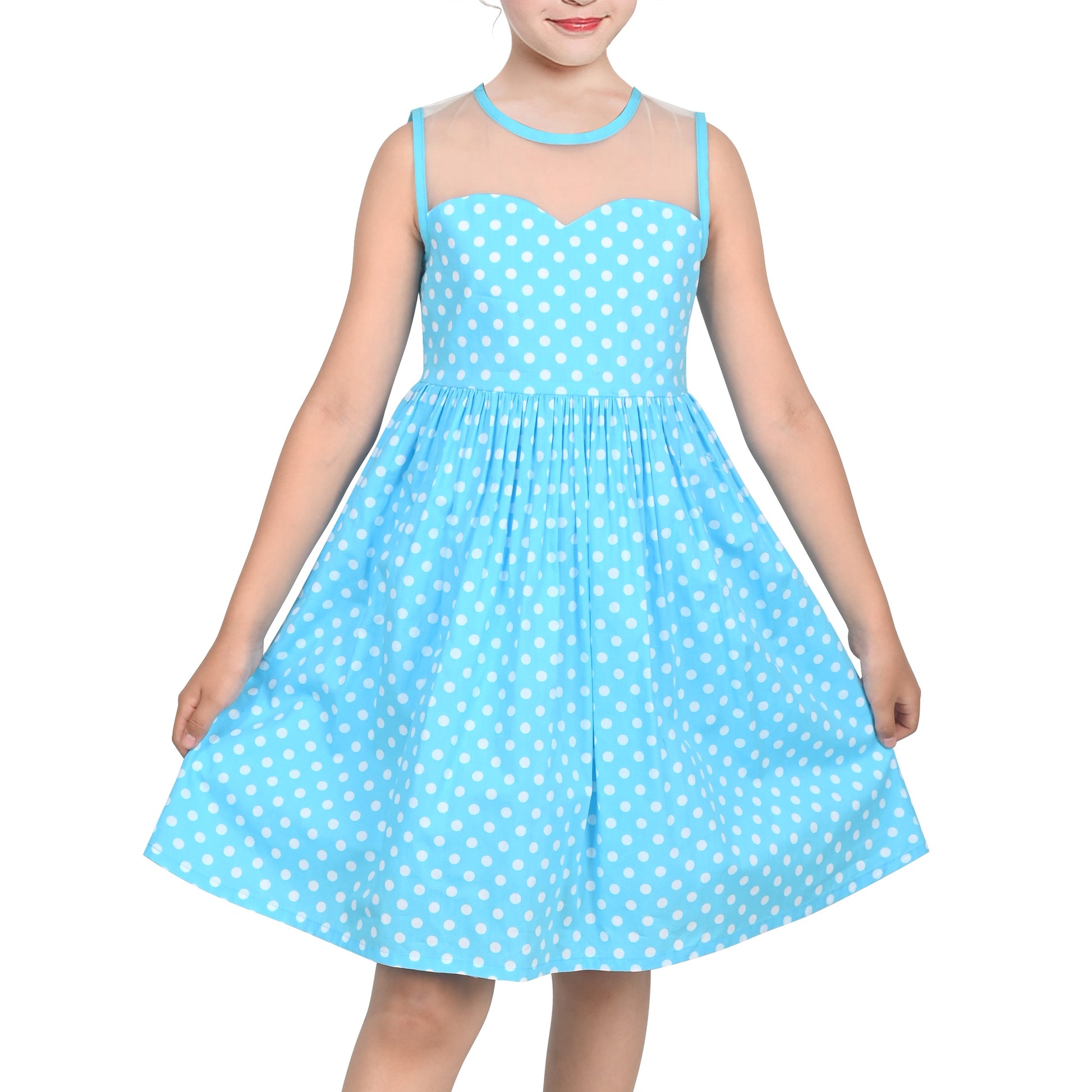 Girls Dress Transparent Shoulder Checkered Plaid Hot Pink Party Sundress Blue
