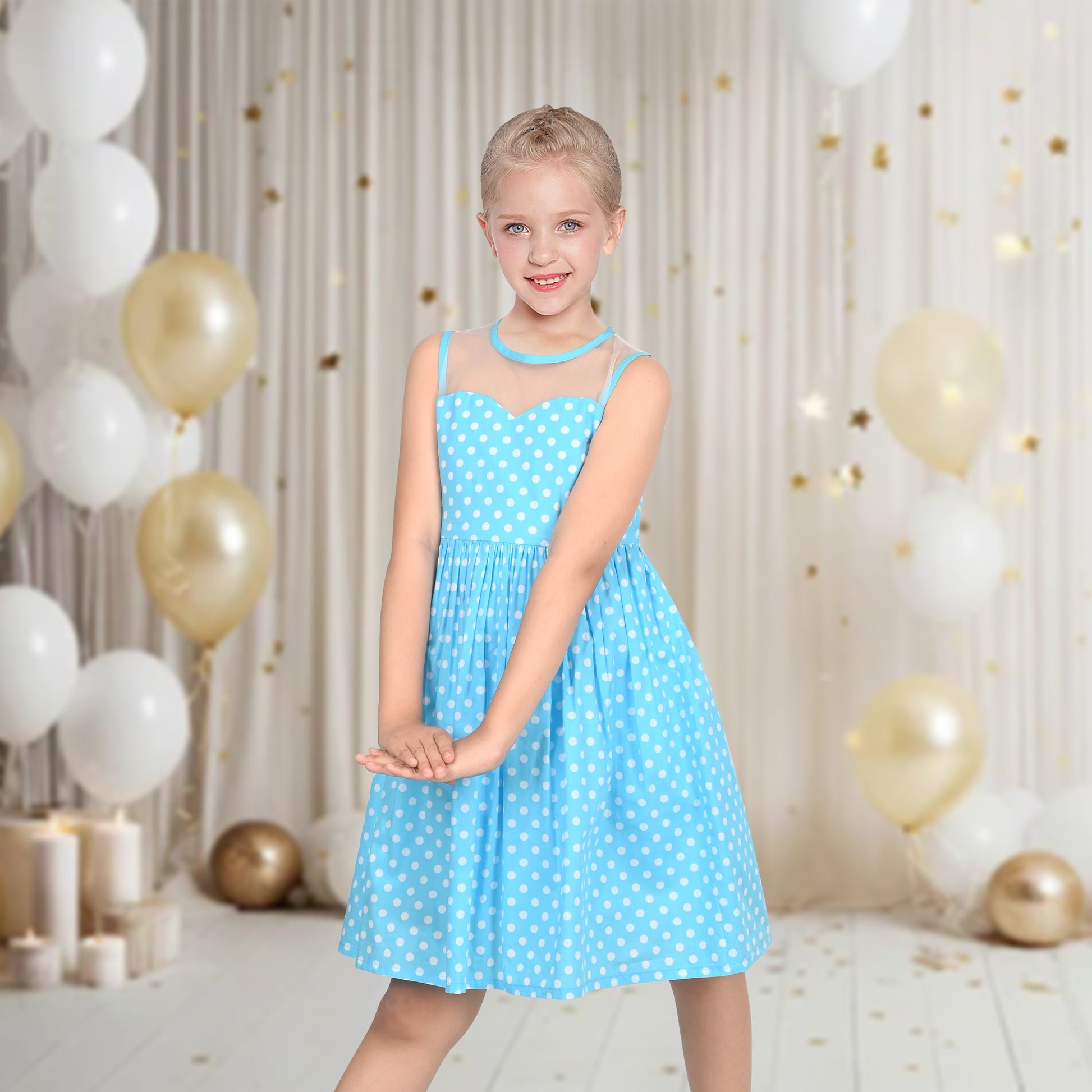 Girls Dress Transparent Shoulder Checkered Plaid Hot Pink Party Sundress Blue