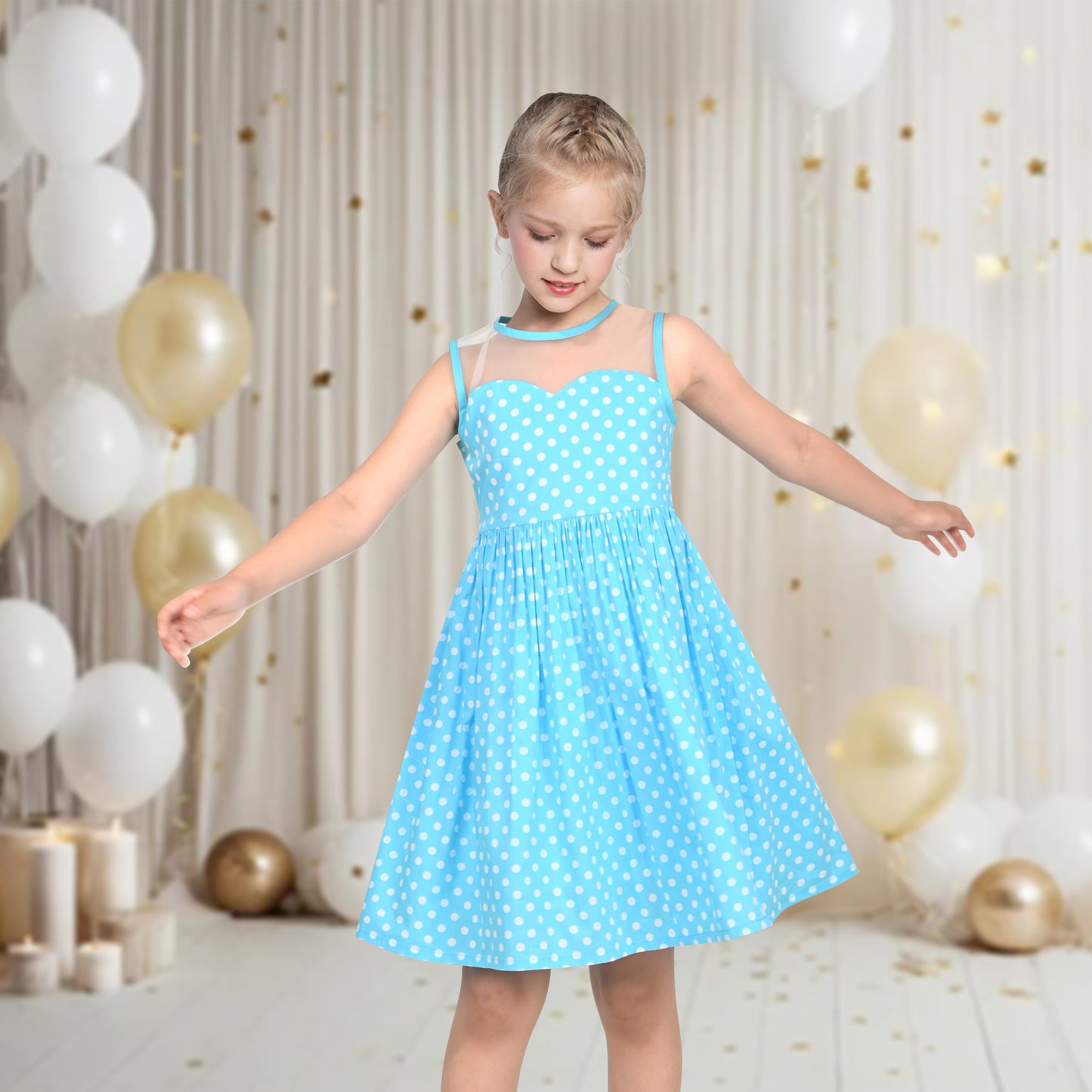 Girls Dress Transparent Shoulder Checkered Plaid Hot Pink Party Sundress Blue