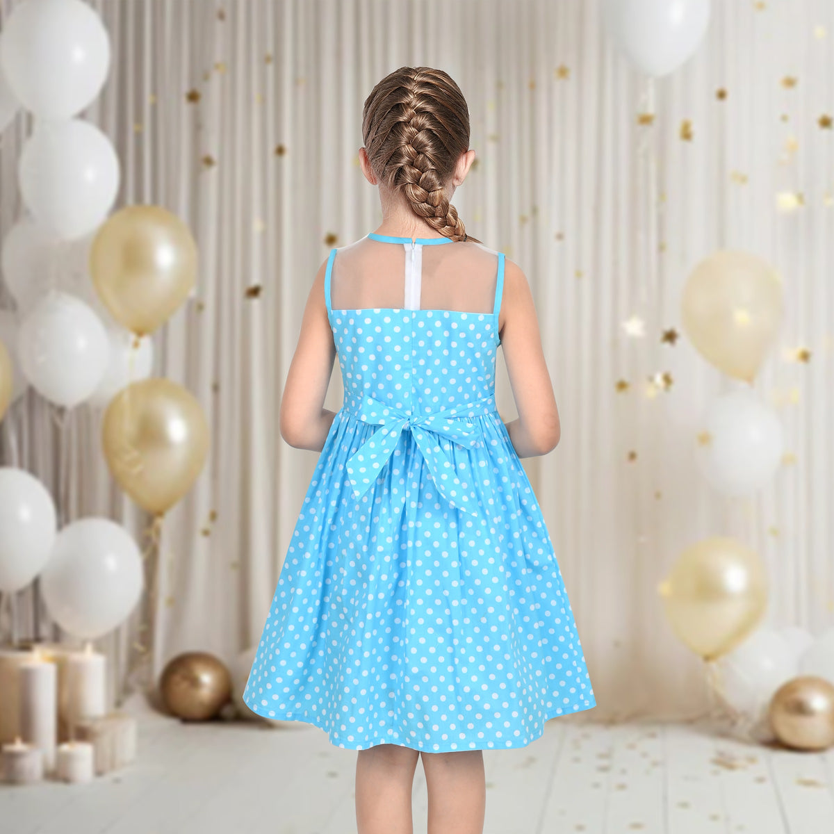 Girls Dress Transparent Shoulder Checkered Plaid Hot Pink Party Sundress - Blue Polka Dot
