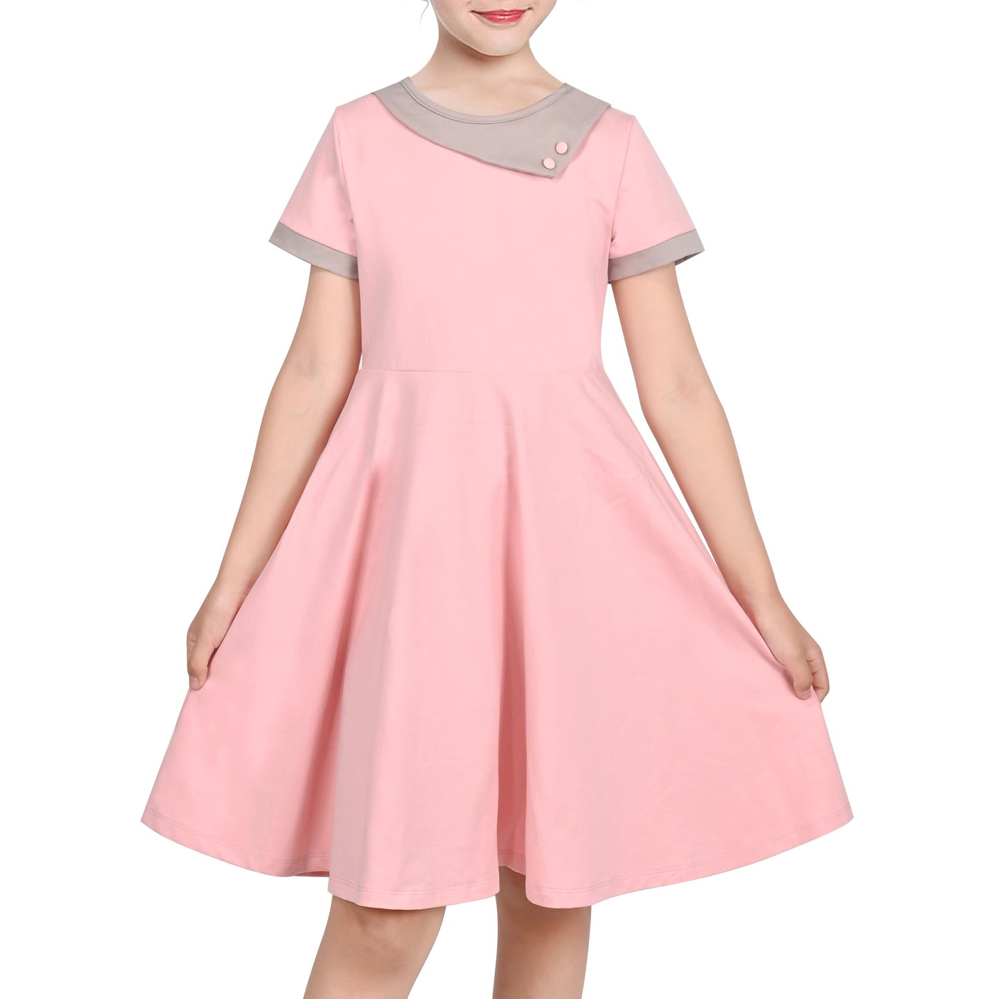Girls Dress Tan Beige Asymmetric Collar Knit Preppy School Family Short Sleeve Pink