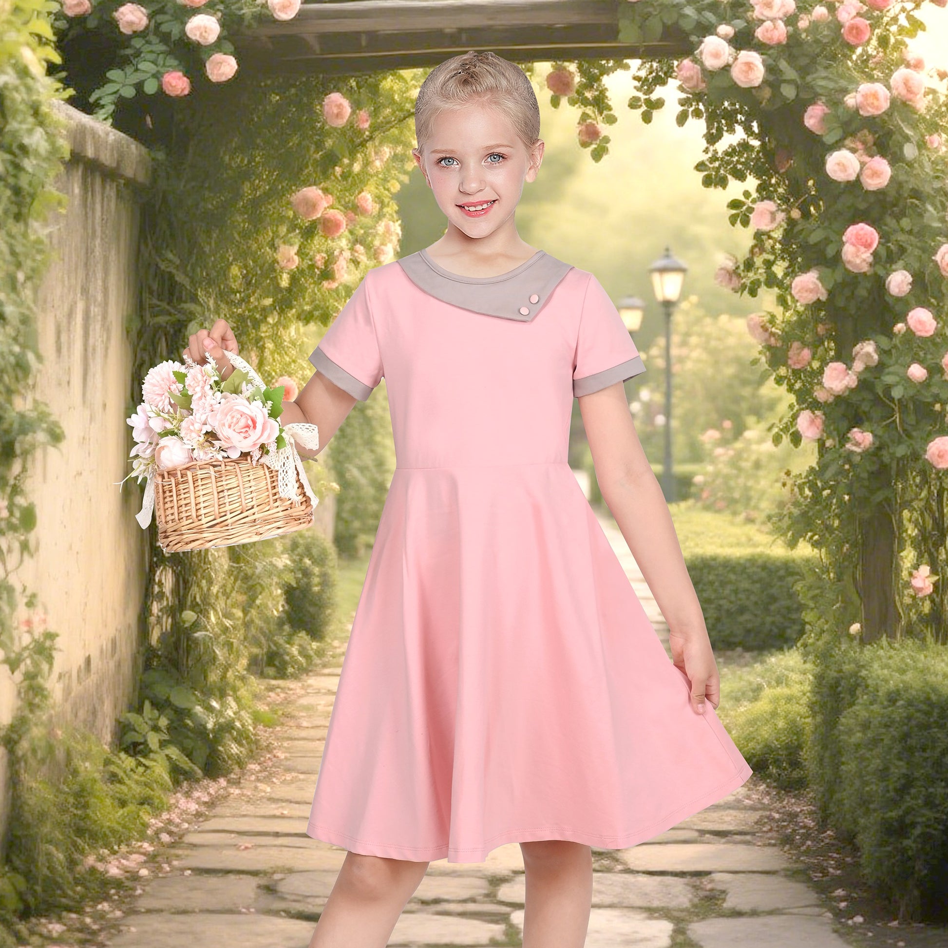 Girls Dress Tan Beige Asymmetric Collar Knit Preppy School Family Short Sleeve Pink