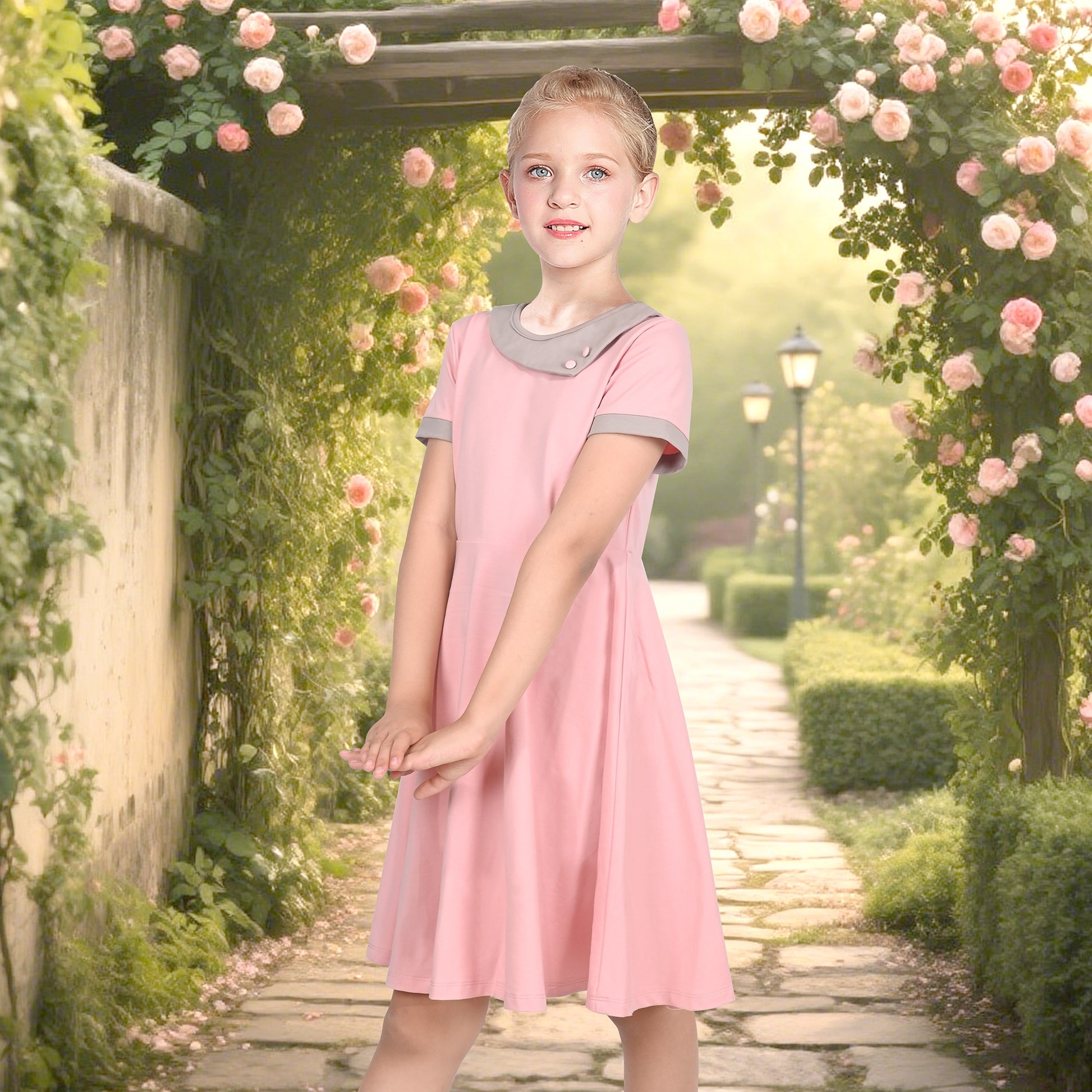 Girls Dress Tan Beige Asymmetric Collar Knit Preppy School Family Short Sleeve Pink