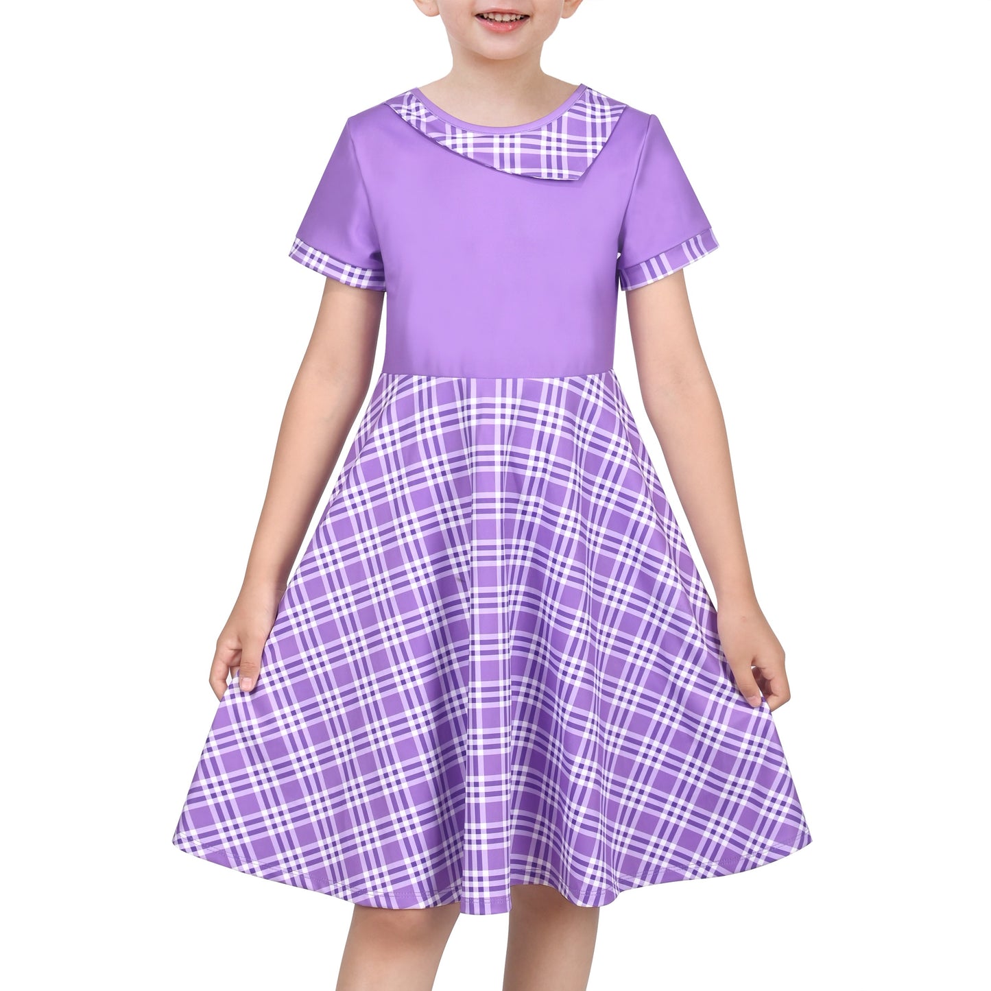 Girls Dress Tan Beige Asymmetric Collar Knit Preppy School Family Short Sleeve Purple