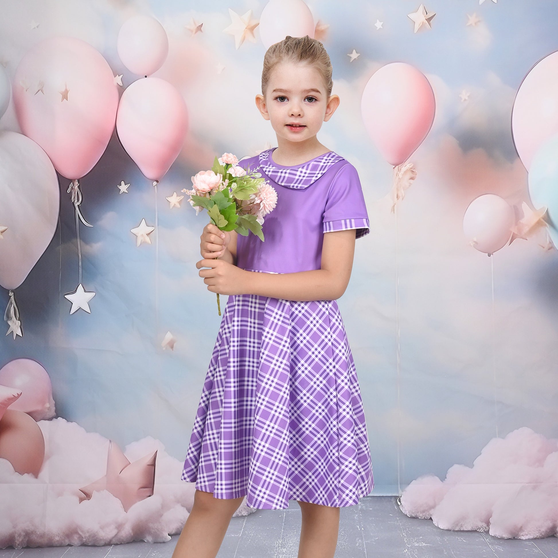 Girls Dress Tan Beige Asymmetric Collar Knit Preppy School Family Short Sleeve Purple