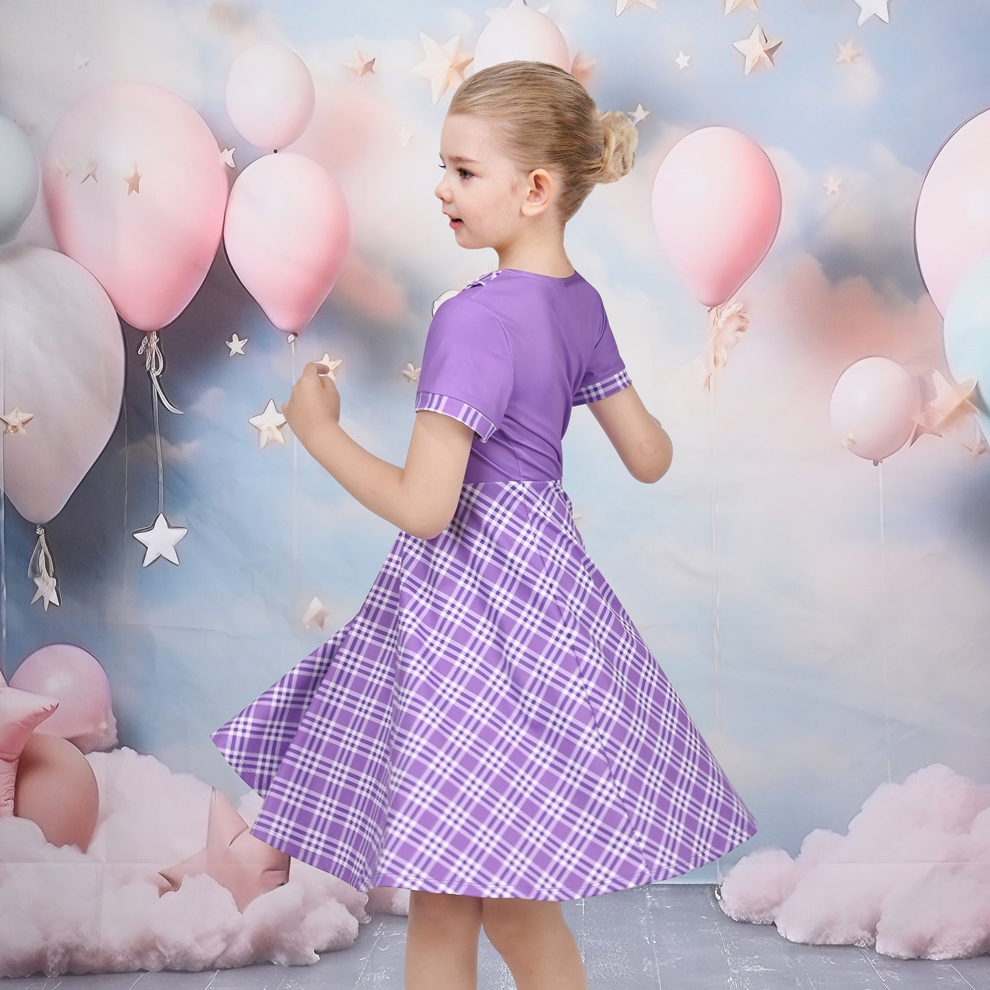 Girls Dress Tan Beige Asymmetric Collar Knit Preppy School Family Short Sleeve Purple