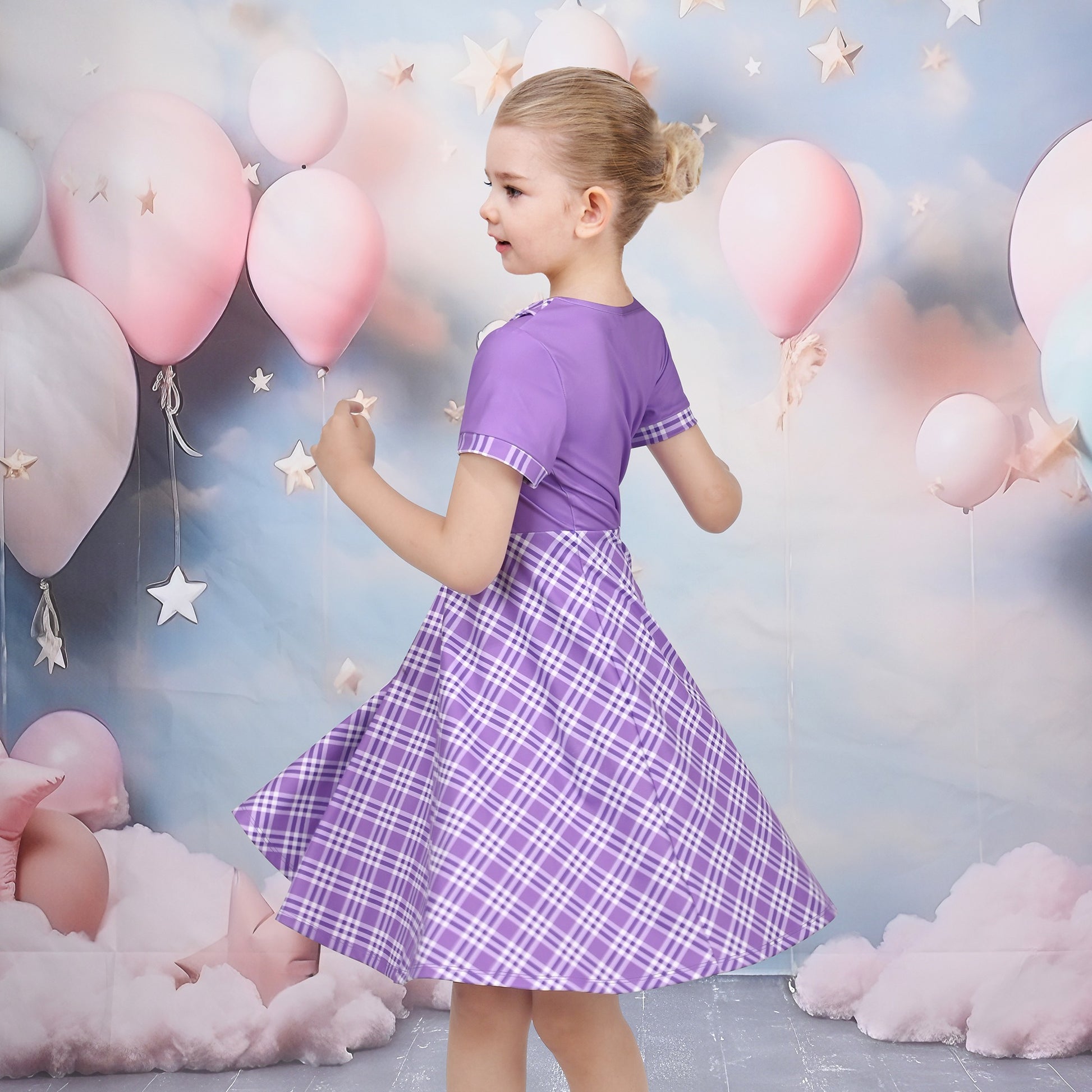 Girls Dress Tan Beige Asymmetric Collar Knit Preppy School Family Short Sleeve Purple