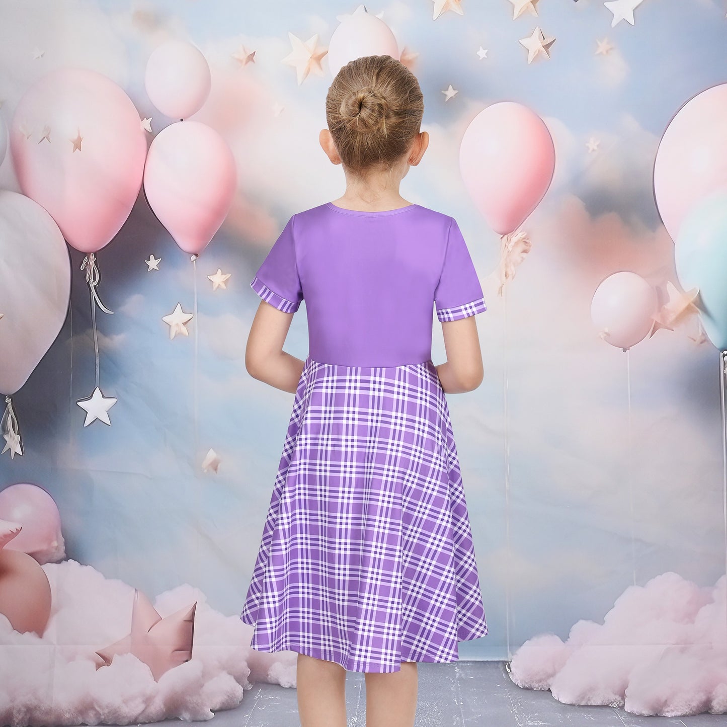 Girls Dress Tan Beige Asymmetric Collar Knit Preppy School Family Short Sleeve Purple
