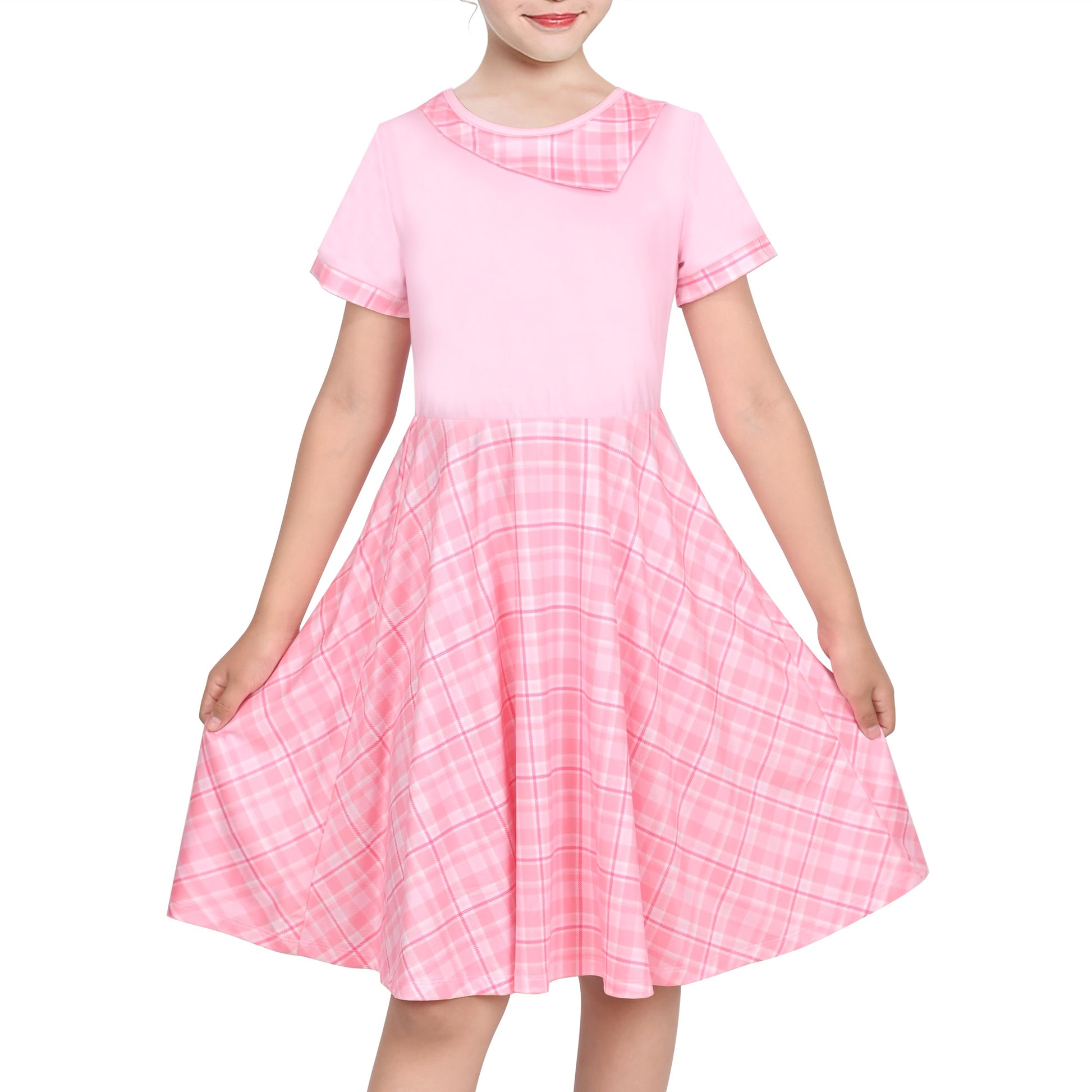 Girls Dress Tan Beige Asymmetric Collar Knit Preppy School Family Short Sleeve Pink