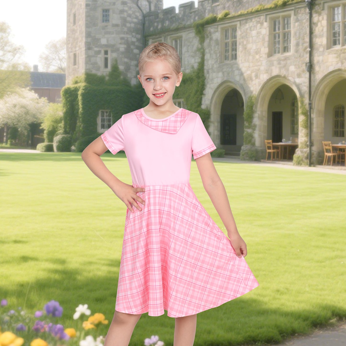 Girls Dress Tan Beige Asymmetric Collar Knit Preppy School Family Short Sleeve Pink