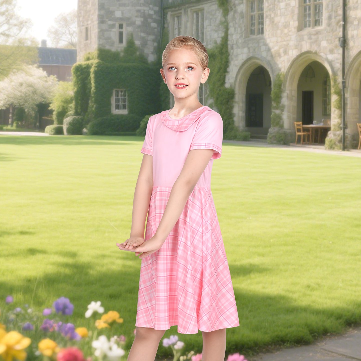 Girls Dress Tan Beige Asymmetric Collar Knit Preppy School Family Short Sleeve Pink