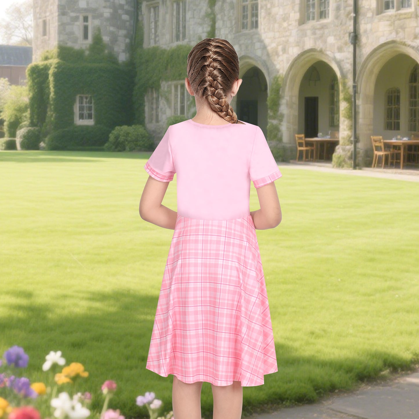 Girls Dress Tan Beige Asymmetric Collar Knit Preppy School Family Short Sleeve Pink