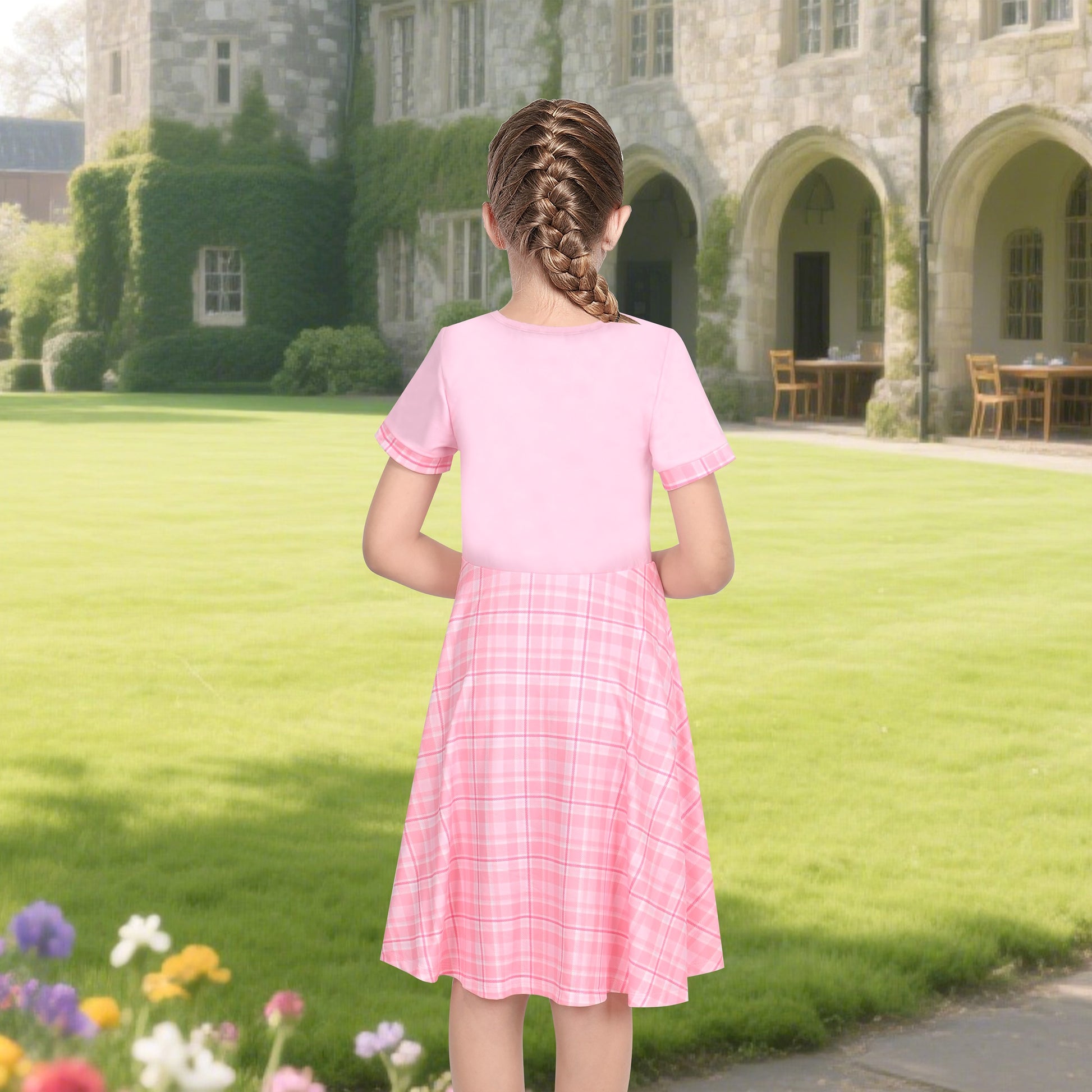 Girls Dress Tan Beige Asymmetric Collar Knit Preppy School Family Short Sleeve Pink