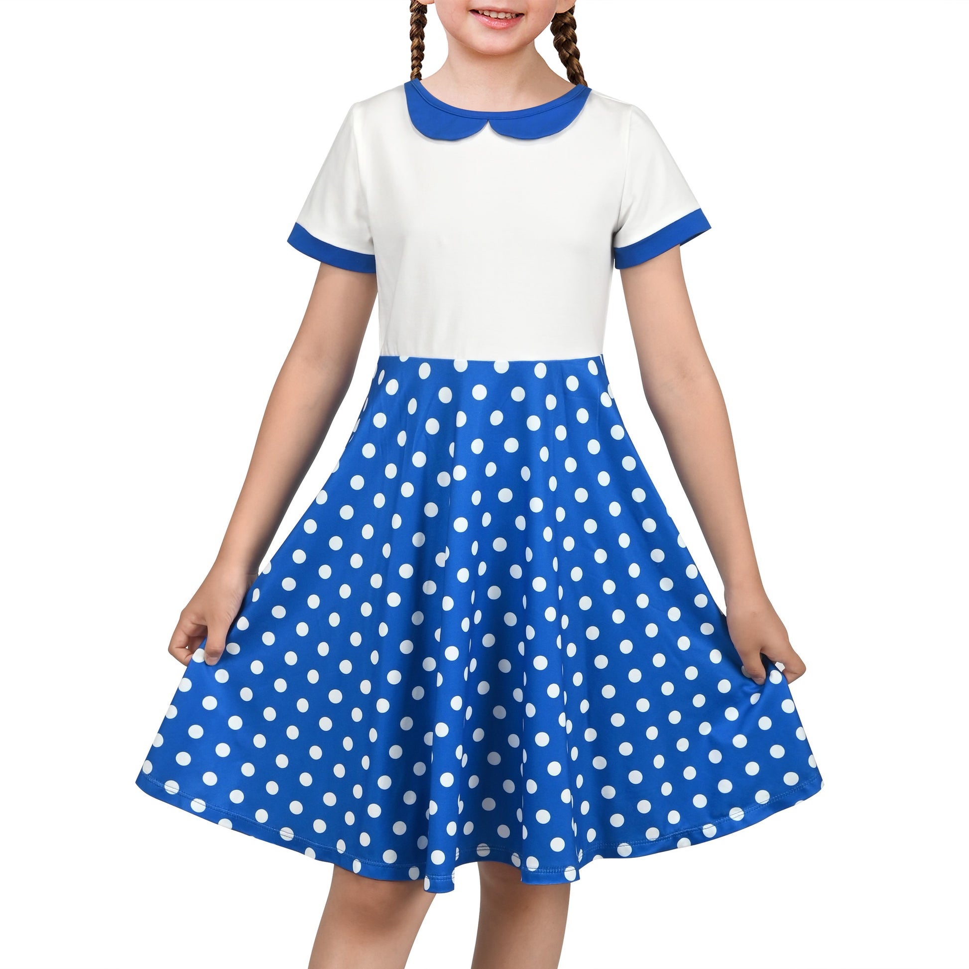 Girls Dress Tan Beige Asymmetric Collar Knit Preppy School Family Short Sleeve Blue