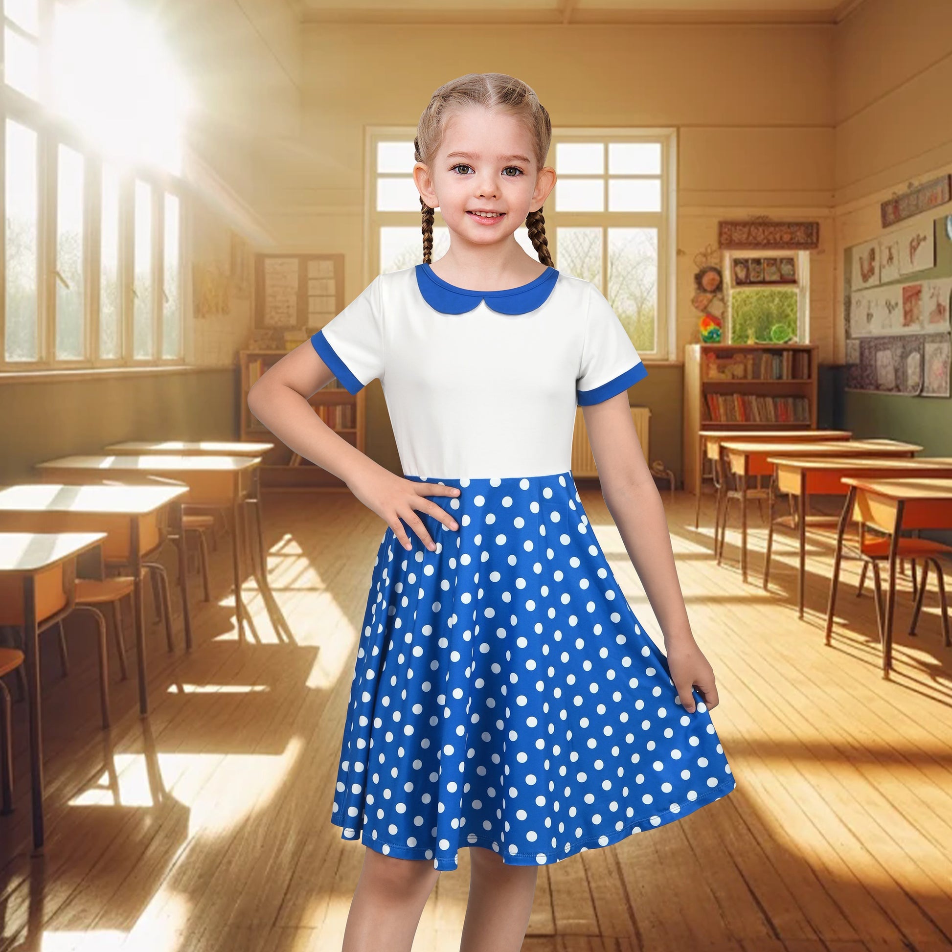 Girls Dress Tan Beige Asymmetric Collar Knit Preppy School Family Short Sleeve Blue
