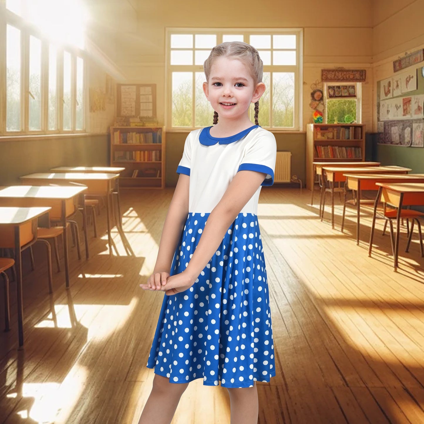 Girls Dress Tan Beige Asymmetric Collar Knit Preppy School Family Short Sleeve Blue