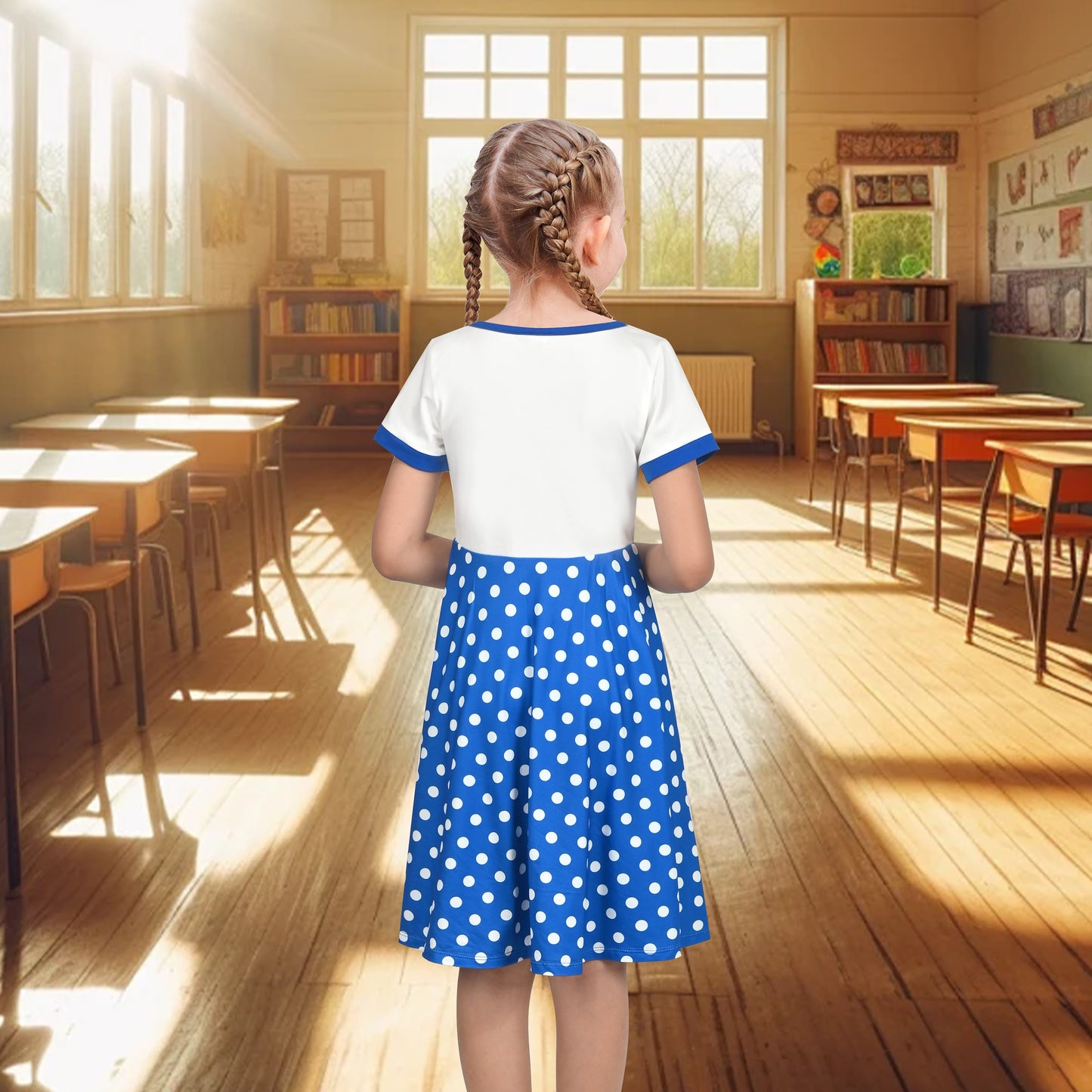 Girls Dress Tan Beige Asymmetric Collar Knit Preppy School Family Short Sleeve Blue
