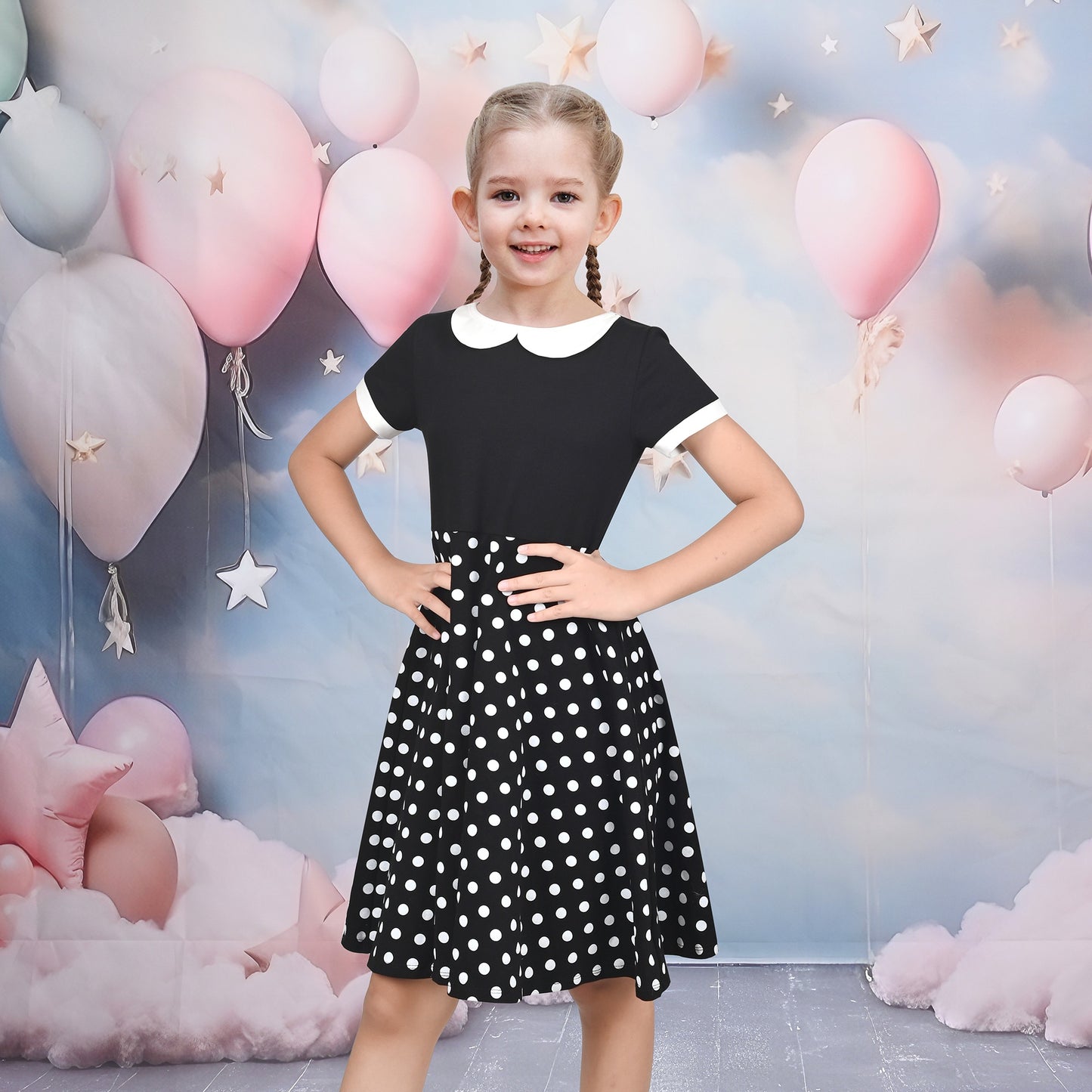 Girls Dress Tan Beige Asymmetric Collar Knit Preppy School Family Short Sleeve Black