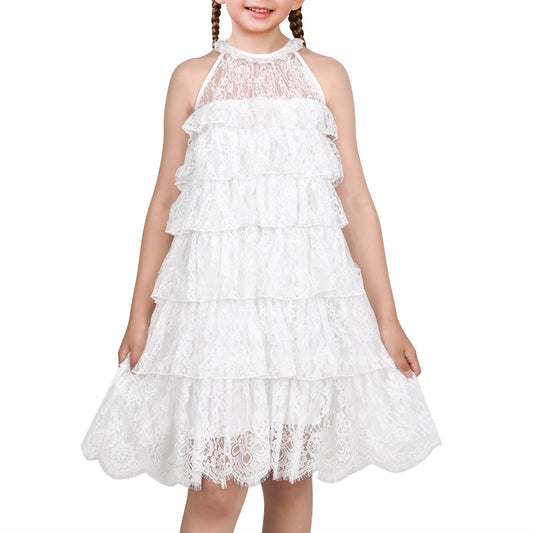 Girls Dress Beige Lace A-Line with Tiered Ruffle Hem Sleeveless Round Neck Party Wedding White