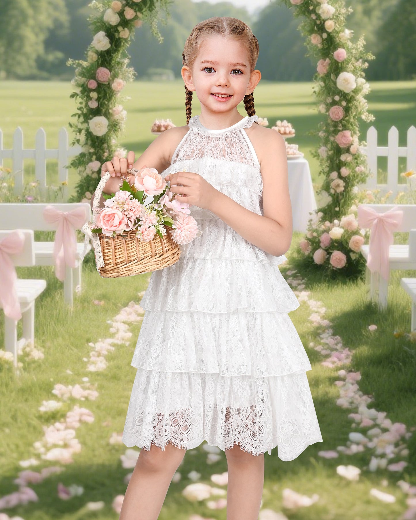 Girls Dress Beige Lace A-Line with Tiered Ruffle Hem Sleeveless Round Neck Party Wedding White