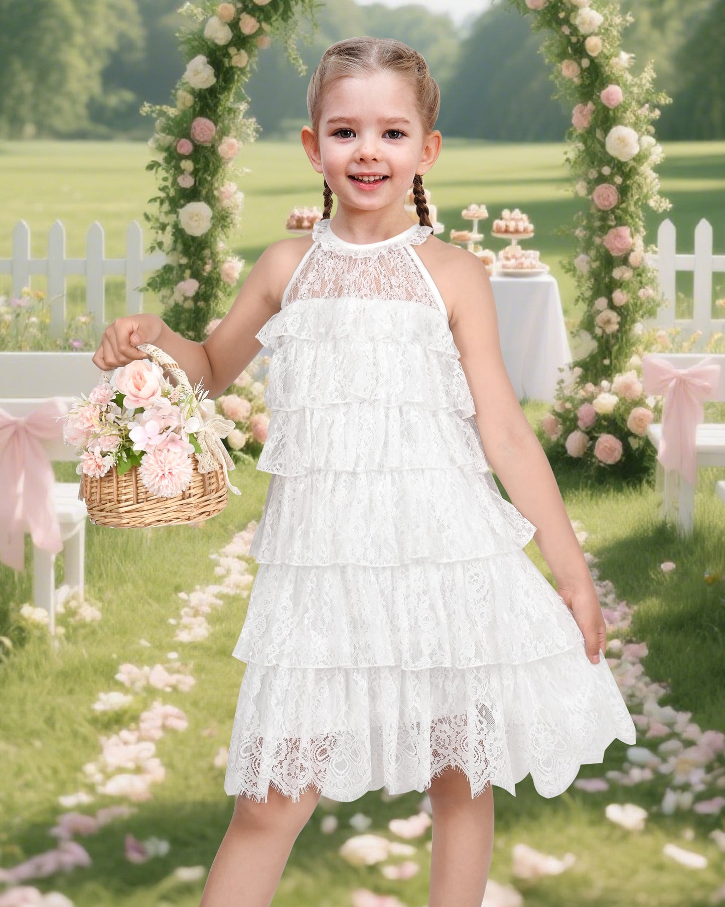 Girls Dress Beige Lace A-Line with Tiered Ruffle Hem Sleeveless Round Neck Party Wedding White