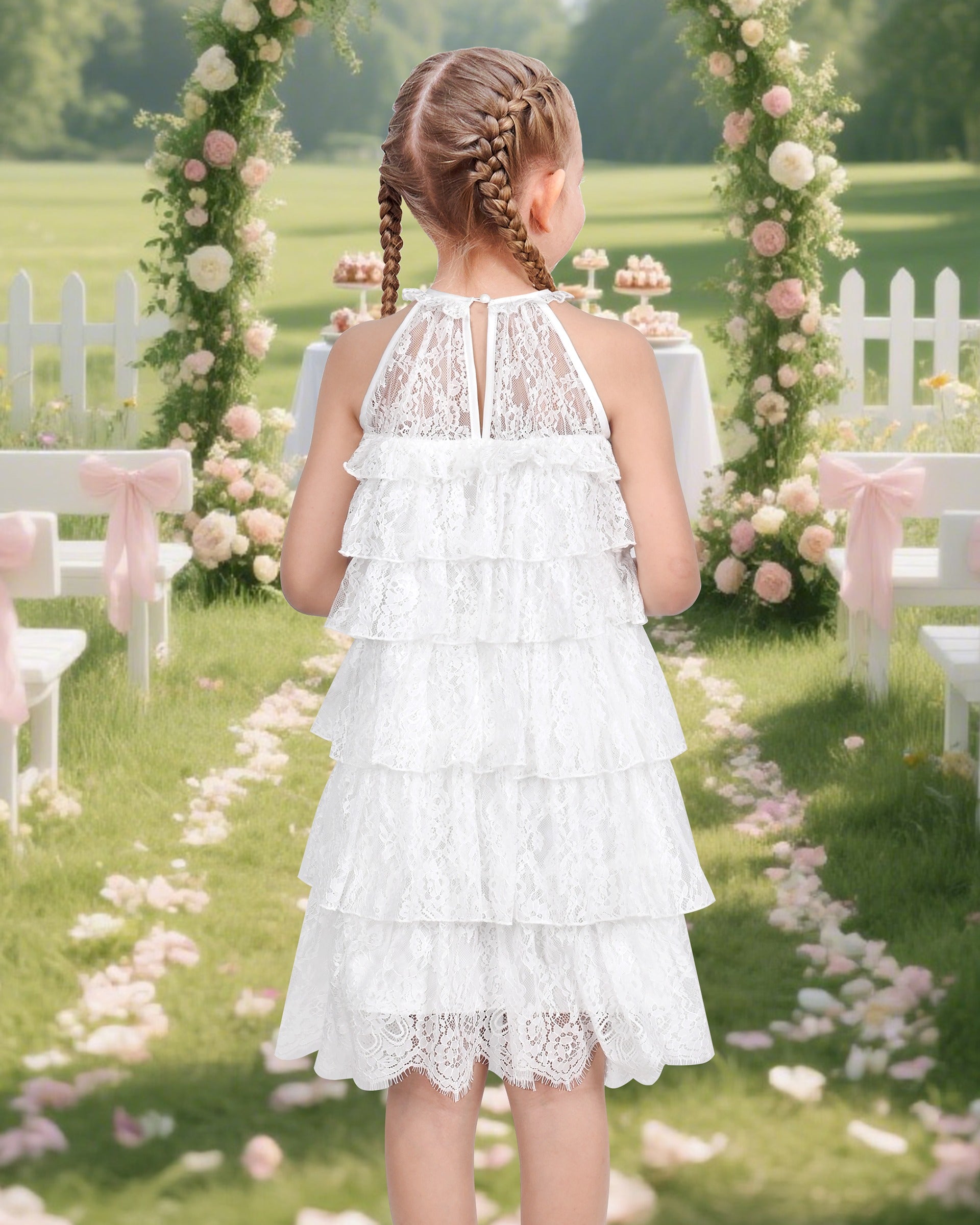 Girls Dress Beige Lace A-Line with Tiered Ruffle Hem Sleeveless Round Neck Party Wedding White