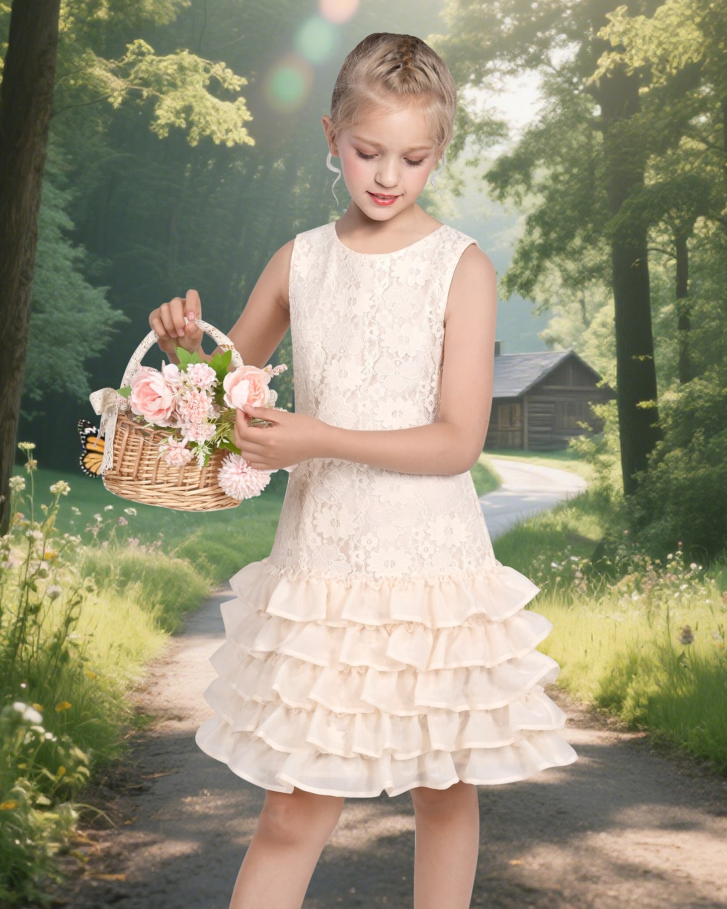 Girls Dress Beige Lace A-Line with Tiered Ruffle Hem Sleeveless Round Neck Party Wedding Beige
