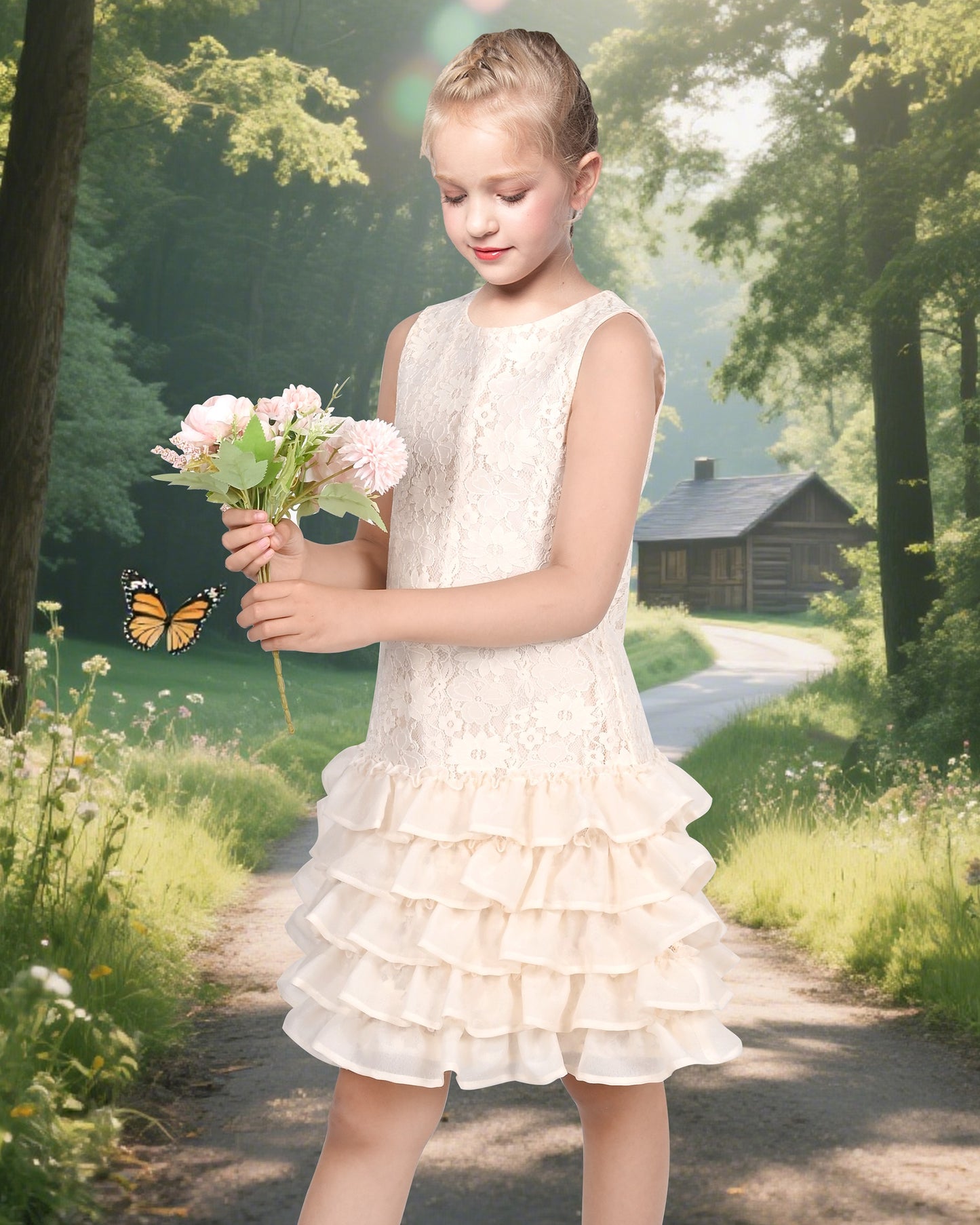 Girls Dress Beige Lace A-Line with Tiered Ruffle Hem Sleeveless Round Neck Party Wedding Beige