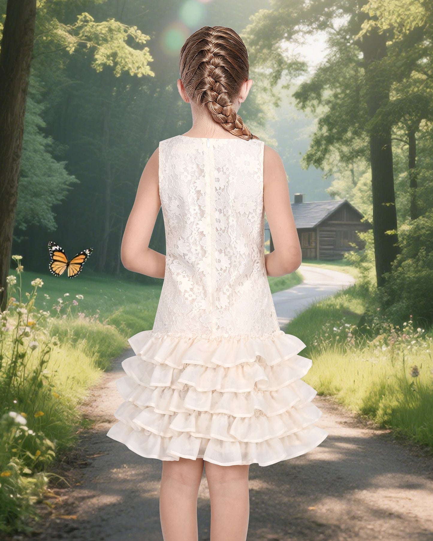 Girls Dress Beige Lace A-Line with Tiered Ruffle Hem Sleeveless Round Neck Party Wedding Beige