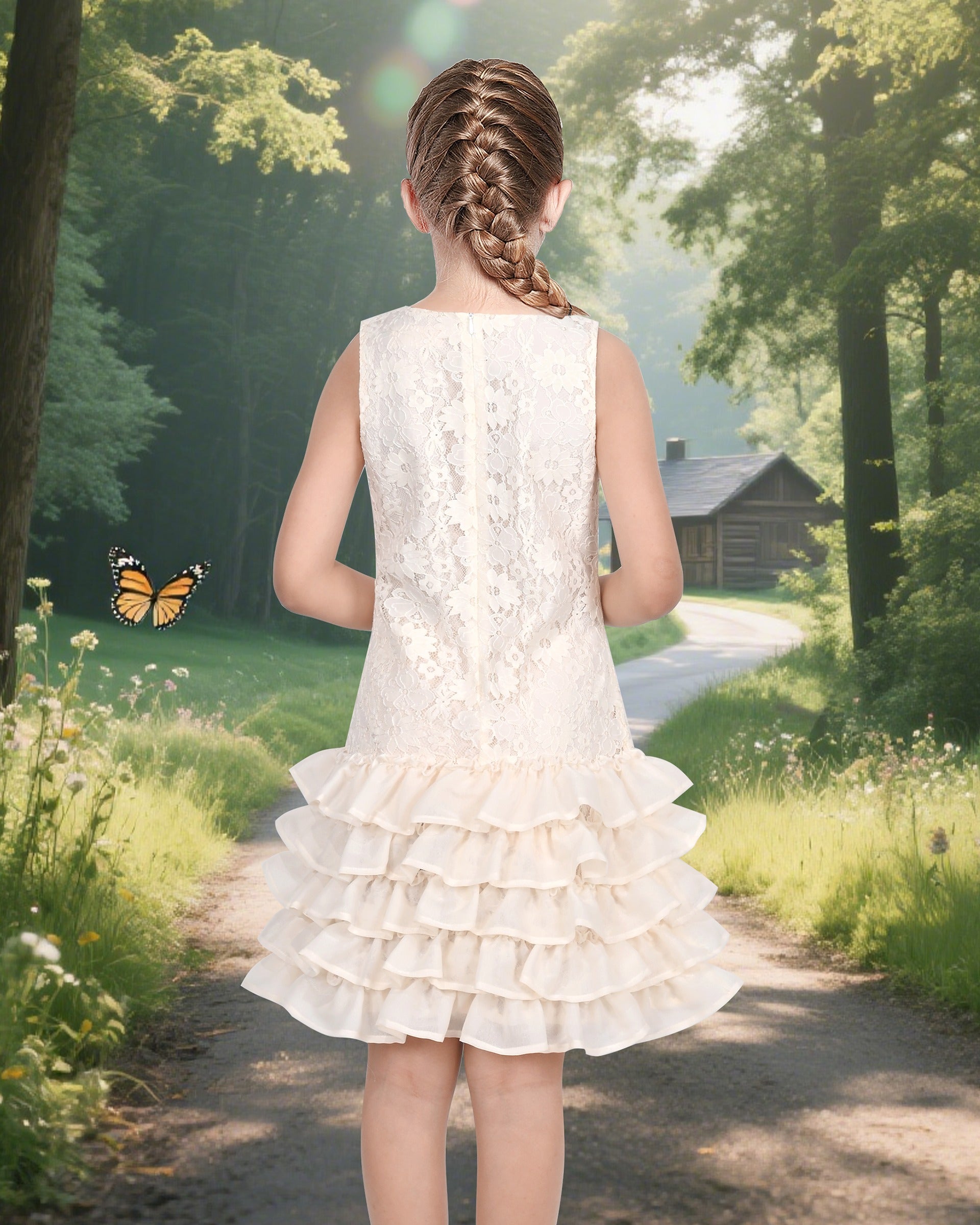 Girls Dress Beige Lace A-Line with Tiered Ruffle Hem Sleeveless Round Neck Party Wedding Beige