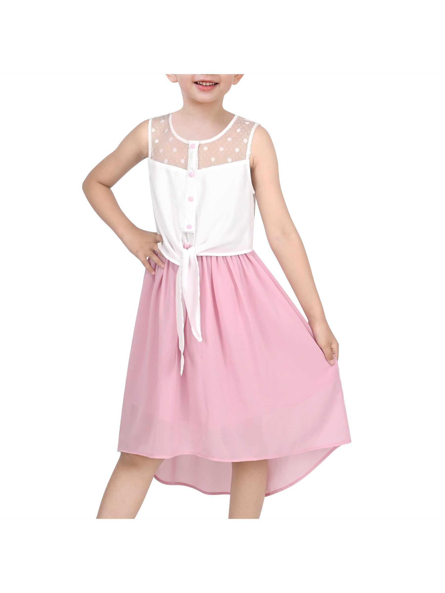 Girls Dress Lace to Chiffon Striped Black White Tied Waist Pink