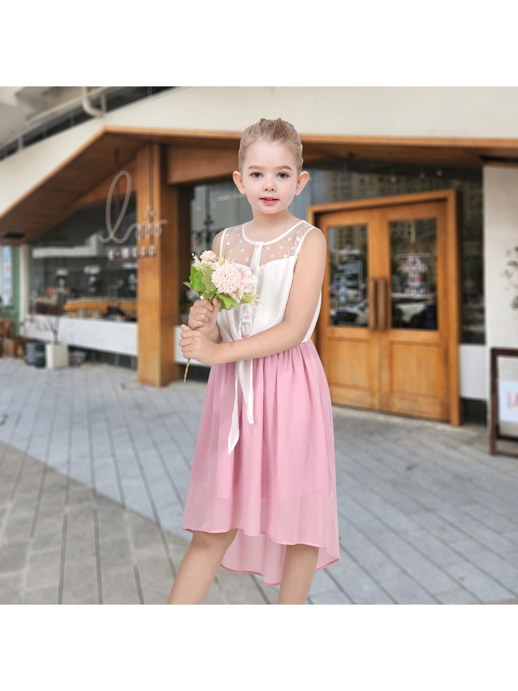 Girls Dress Lace to Chiffon Striped Black White Tied Waist Pink