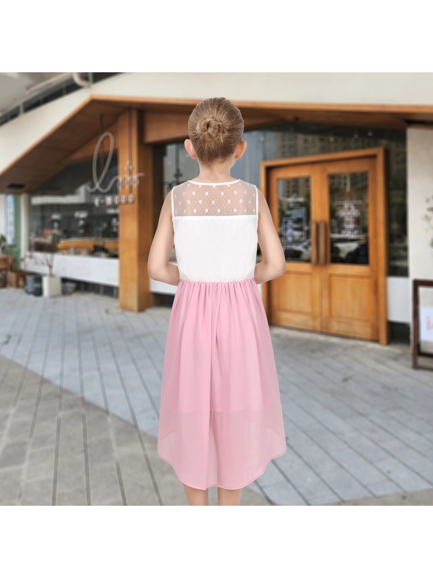 Girls Dress Lace to Chiffon Striped Black White Tied Waist Pink
