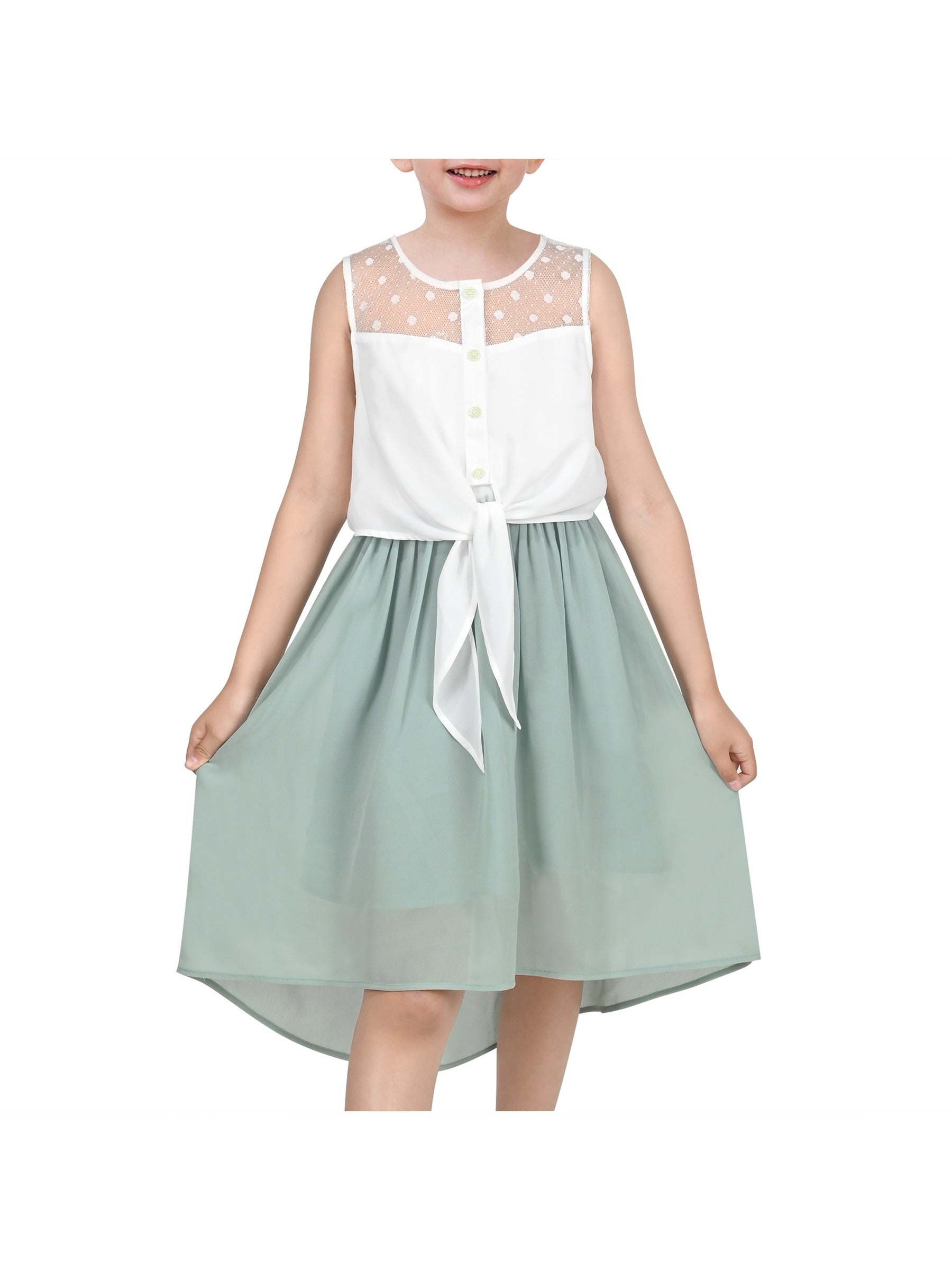 Girls Dress Lace to Chiffon Striped Black White Tied Waist Green