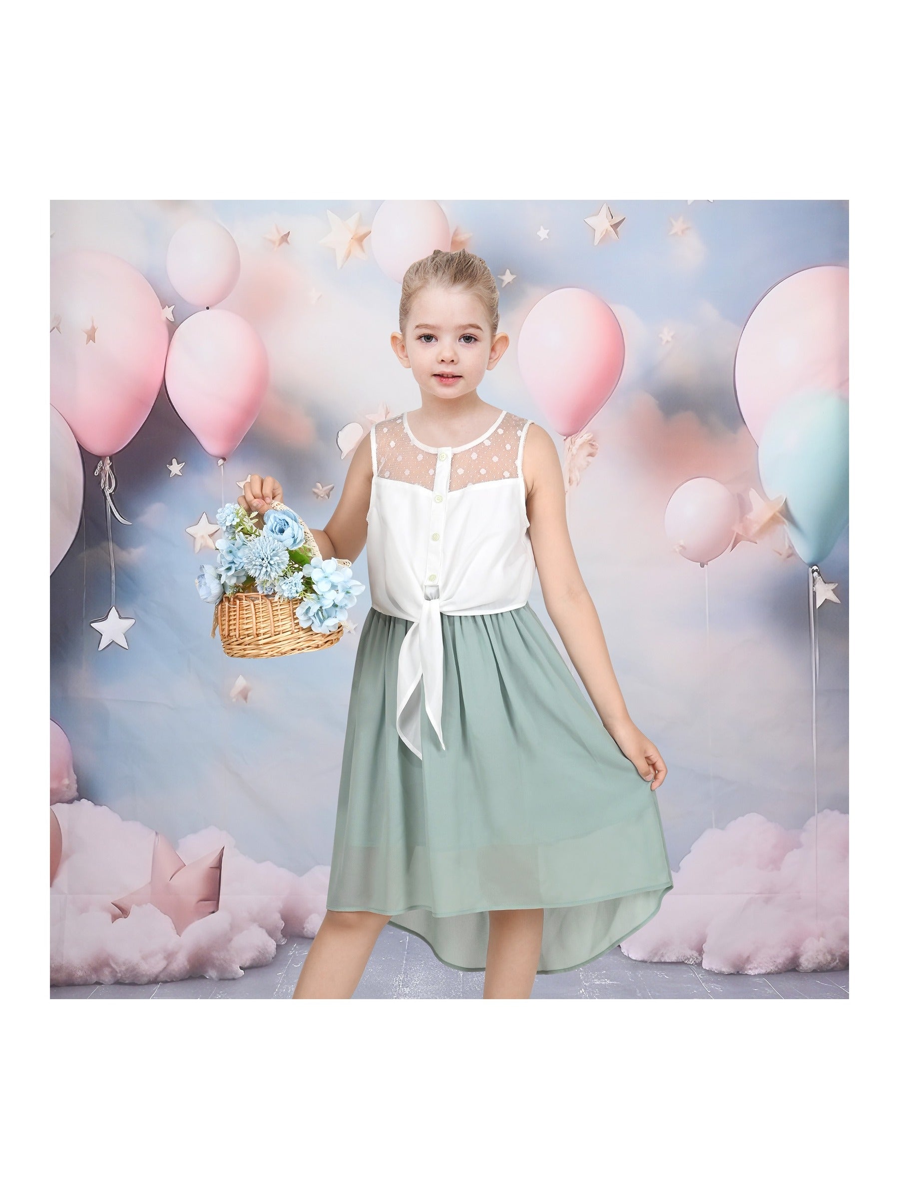 Girls Dress Lace to Chiffon Striped Black White Tied Waist Green