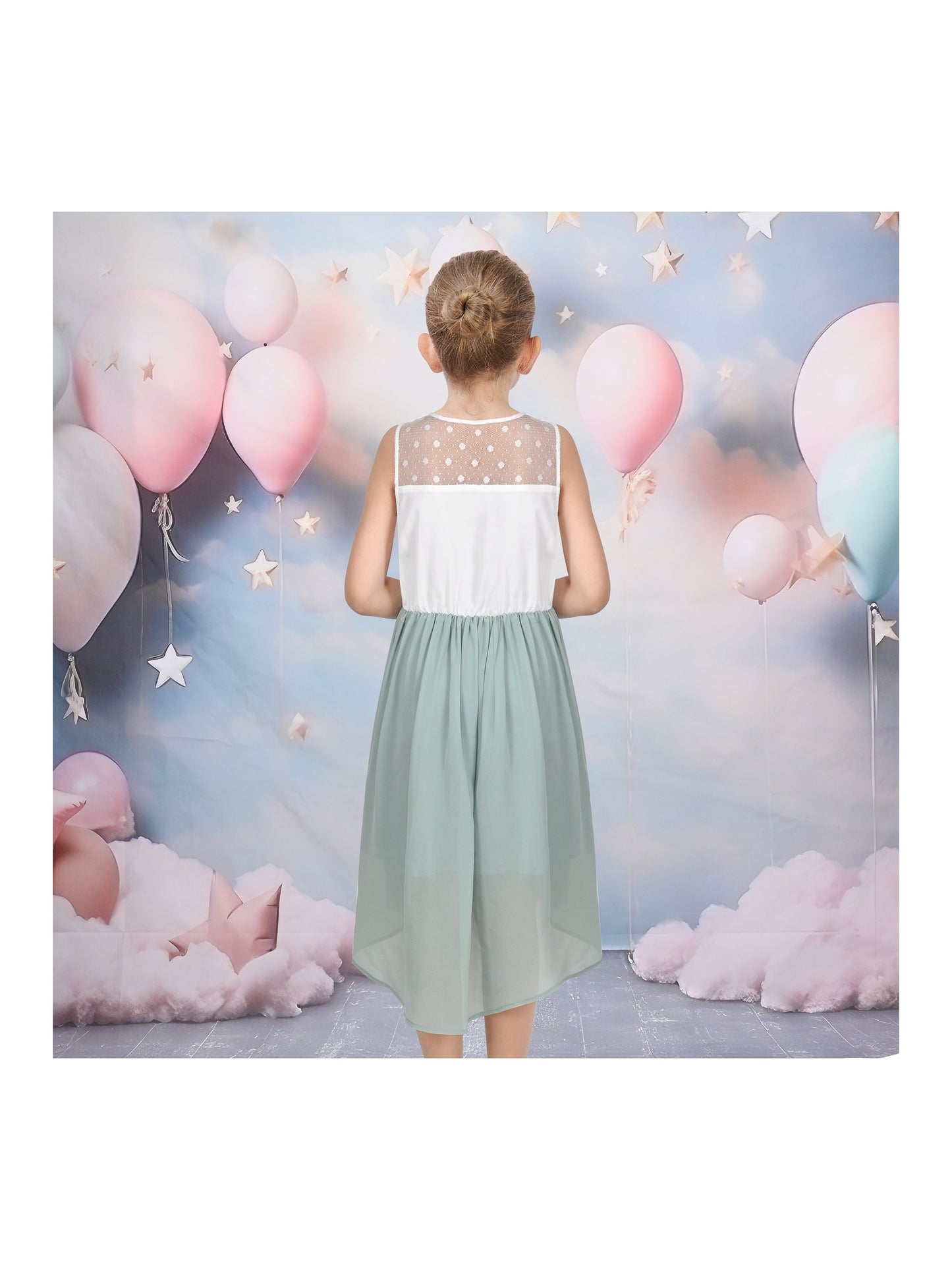 Girls Dress Lace to Chiffon Striped Black White Tied Waist Green