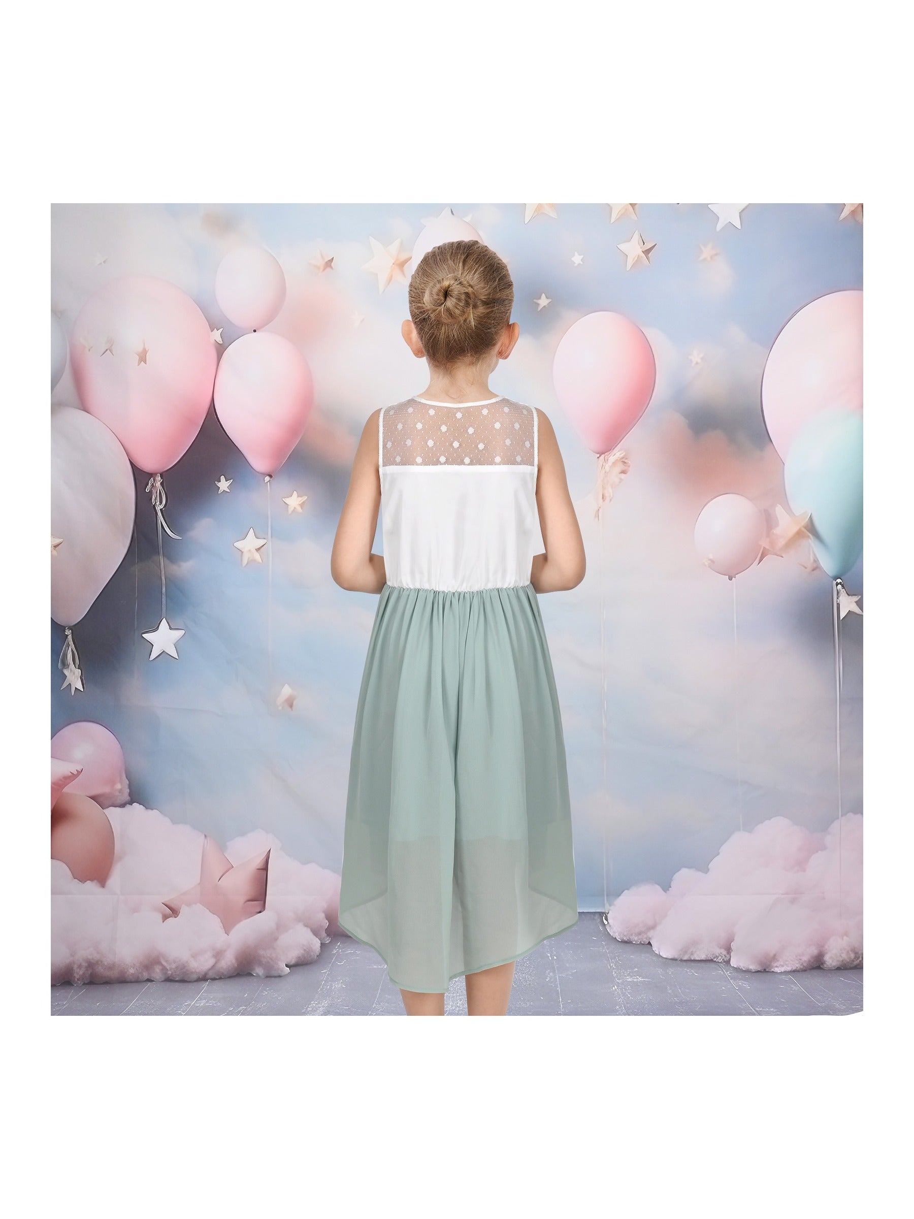 Girls Dress Lace to Chiffon Striped Black White Tied Waist Green