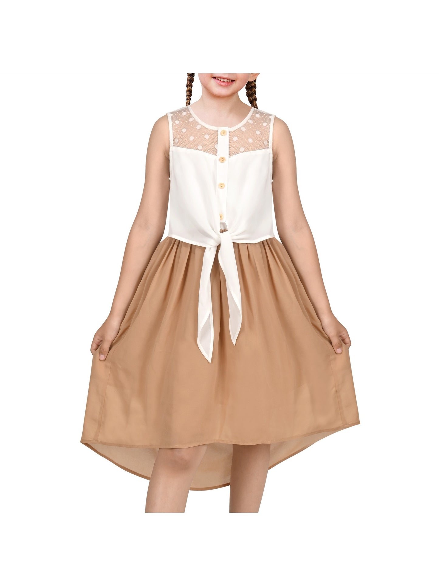 Girls Dress Lace to Chiffon Striped Black White Tied Waist Brown
