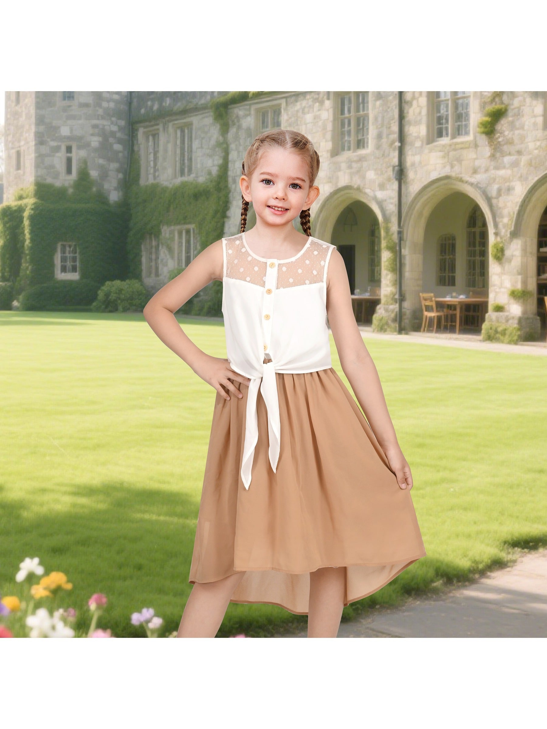 Girls Dress Lace to Chiffon Striped Black White Tied Waist Brown